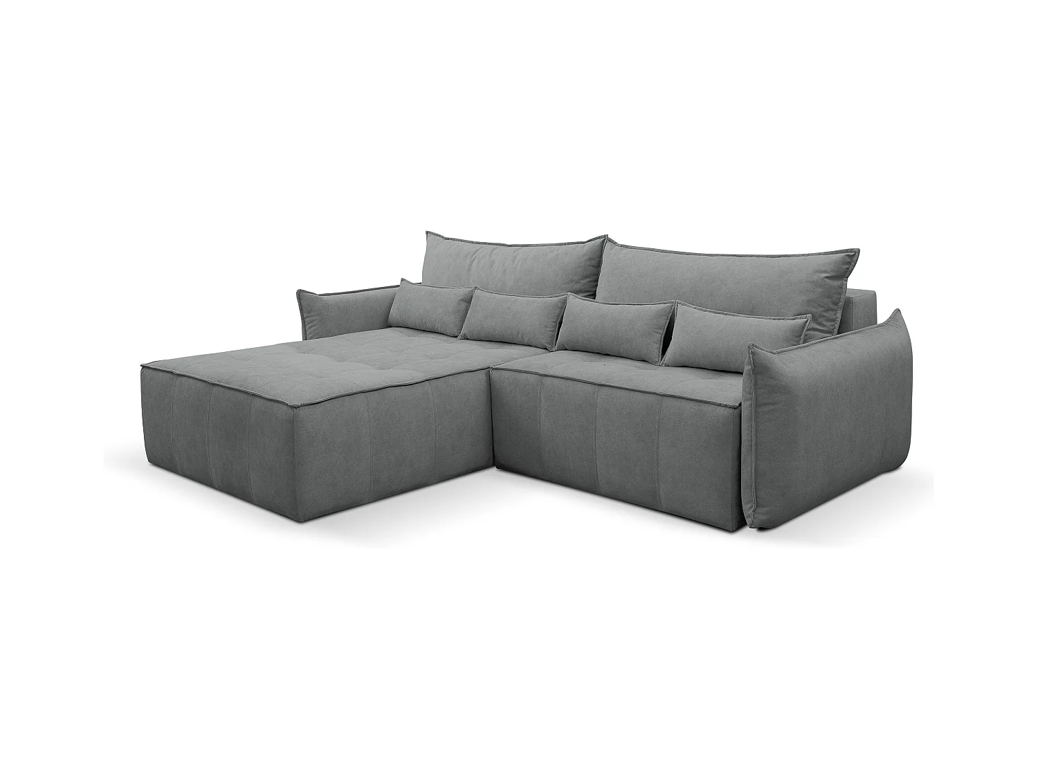 Canapé d'angle Empoli avec fonction couchage et coffre de rangement, couleur : gris, tissu velours, pouf à gauche