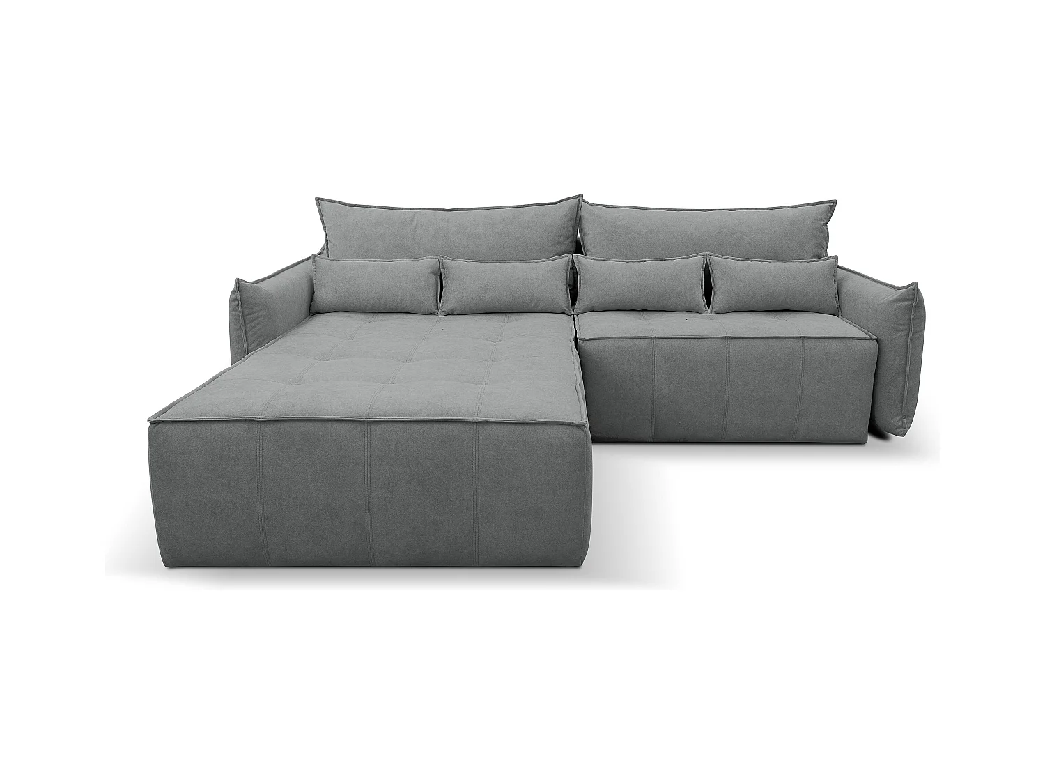 Canapé d'angle Empoli avec fonction couchage et coffre de rangement, couleur : gris, tissu velours, pouf à gauche