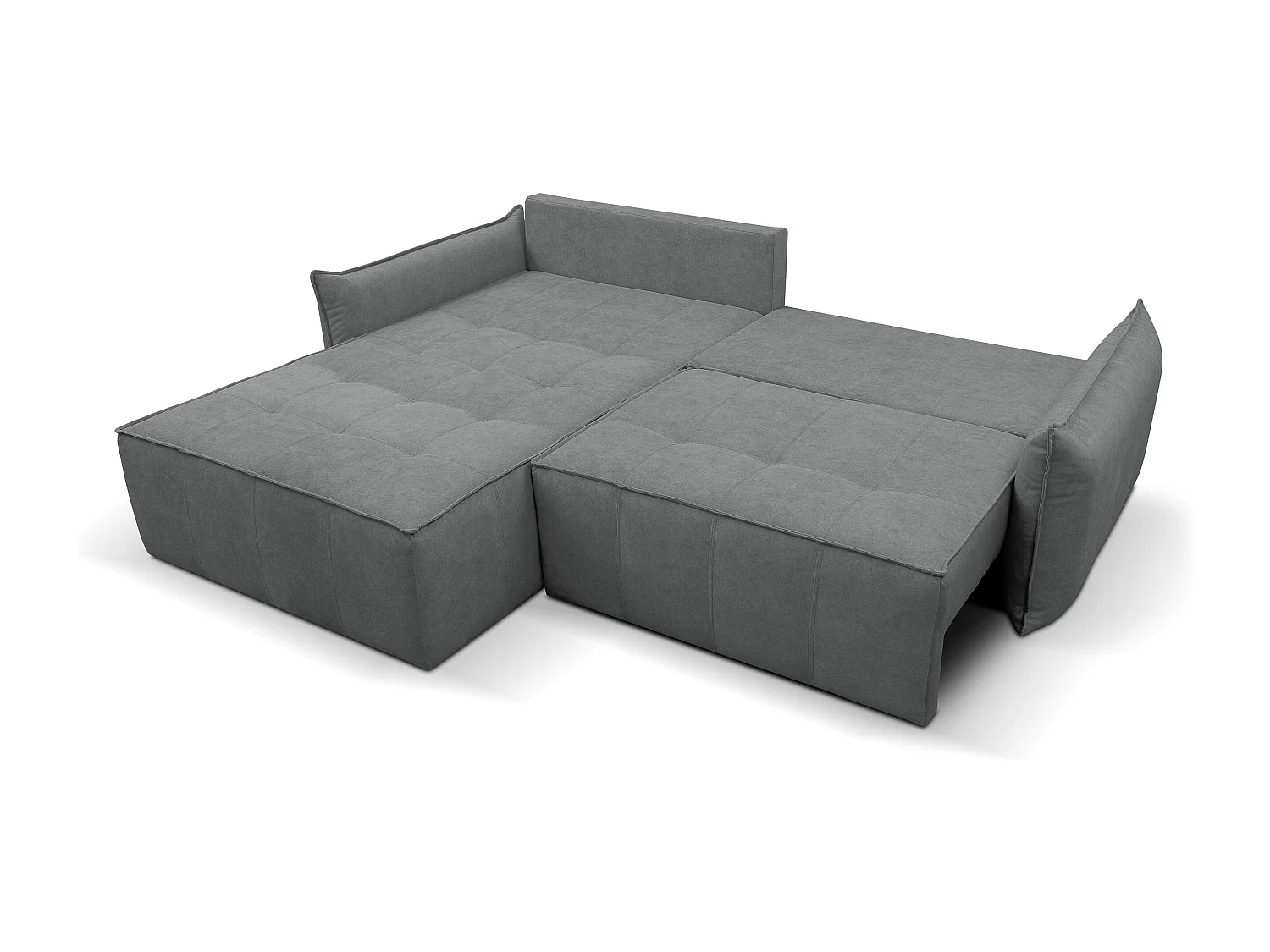 Canapé d'angle Empoli avec fonction couchage et coffre de rangement, couleur : gris, tissu velours, pouf à gauche