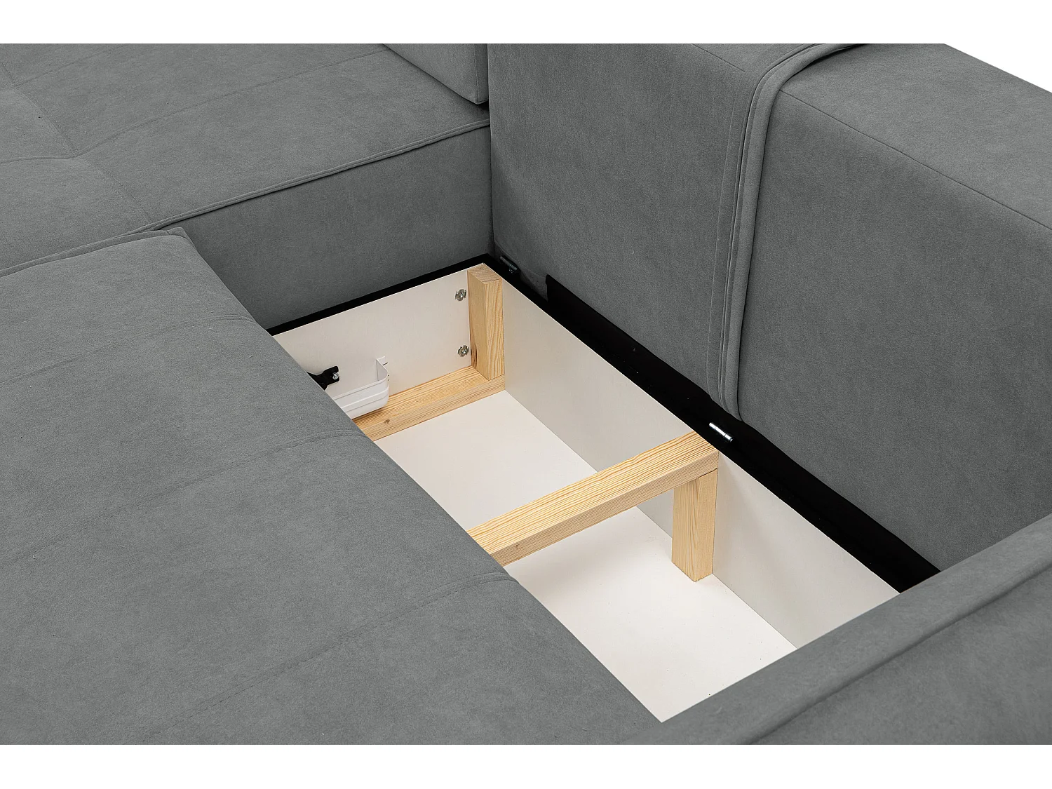 Canapé d'angle Empoli avec fonction couchage et coffre de rangement, couleur : gris, tissu velours, pouf à gauche