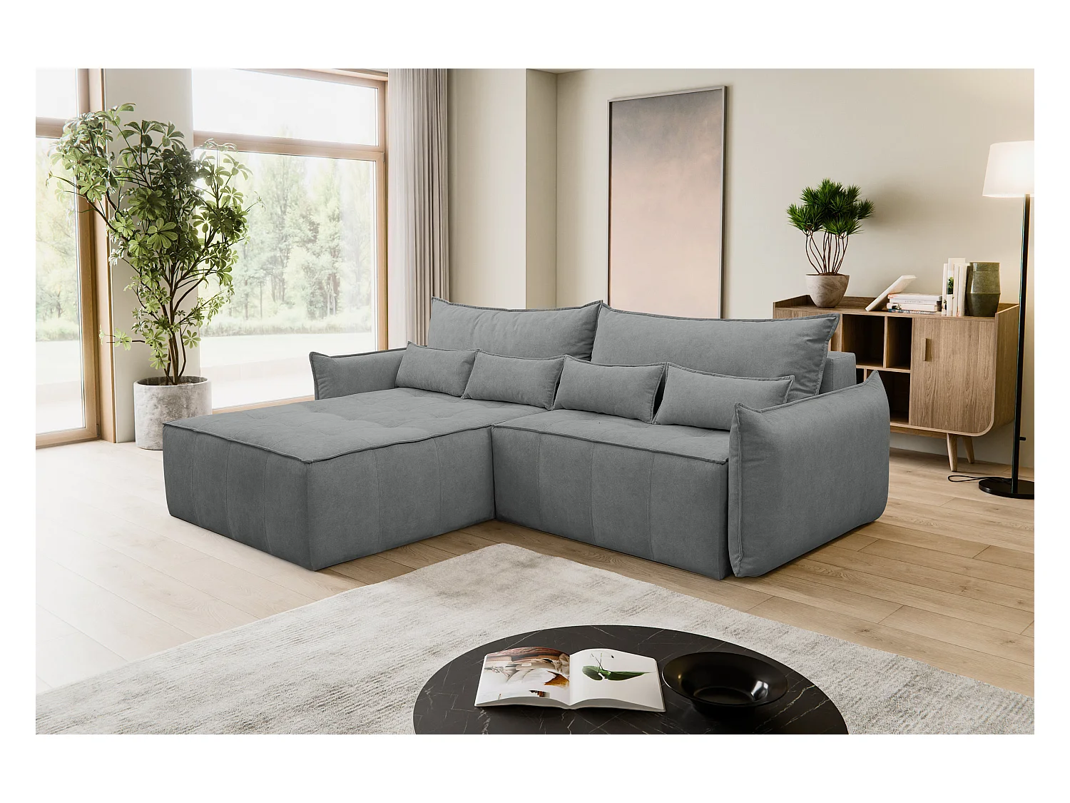 Canapé d'angle Empoli avec fonction couchage et coffre de rangement, couleur : gris, tissu velours, pouf à gauche