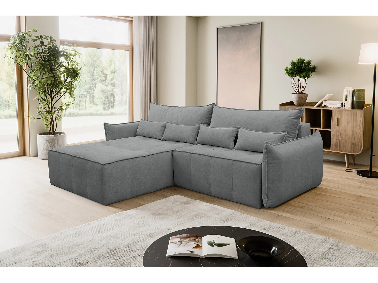 Canapé d'angle Empoli avec fonction couchage et coffre de rangement, couleur : gris, tissu velours, pouf à gauche