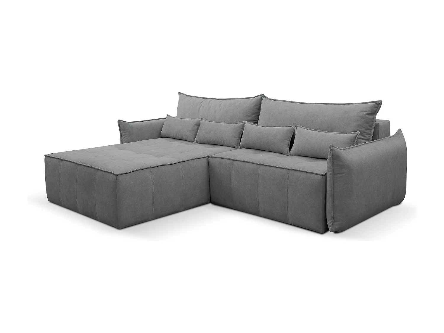 Canapé d'angle Empoli avec fonction couchage et coffre de rangement, couleur : gris, tissu velours, pouf à gauche