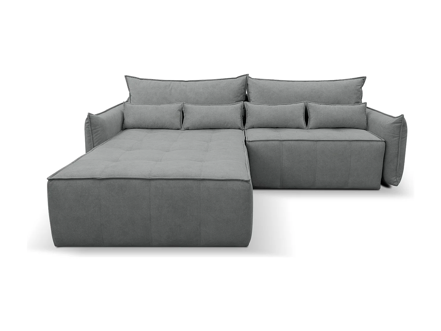 Canapé d'angle Empoli avec fonction couchage et coffre de rangement, couleur : gris, tissu velours, pouf à gauche