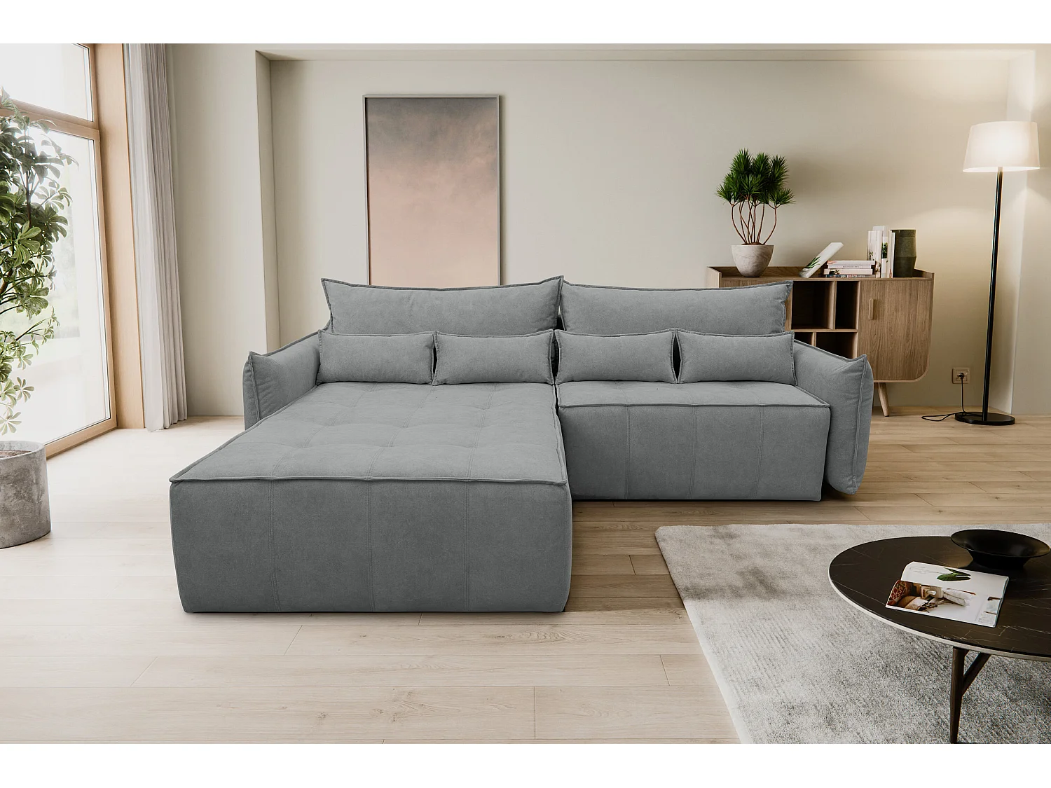 Canapé d'angle Empoli avec fonction couchage et coffre de rangement, couleur : gris, tissu velours, pouf à gauche