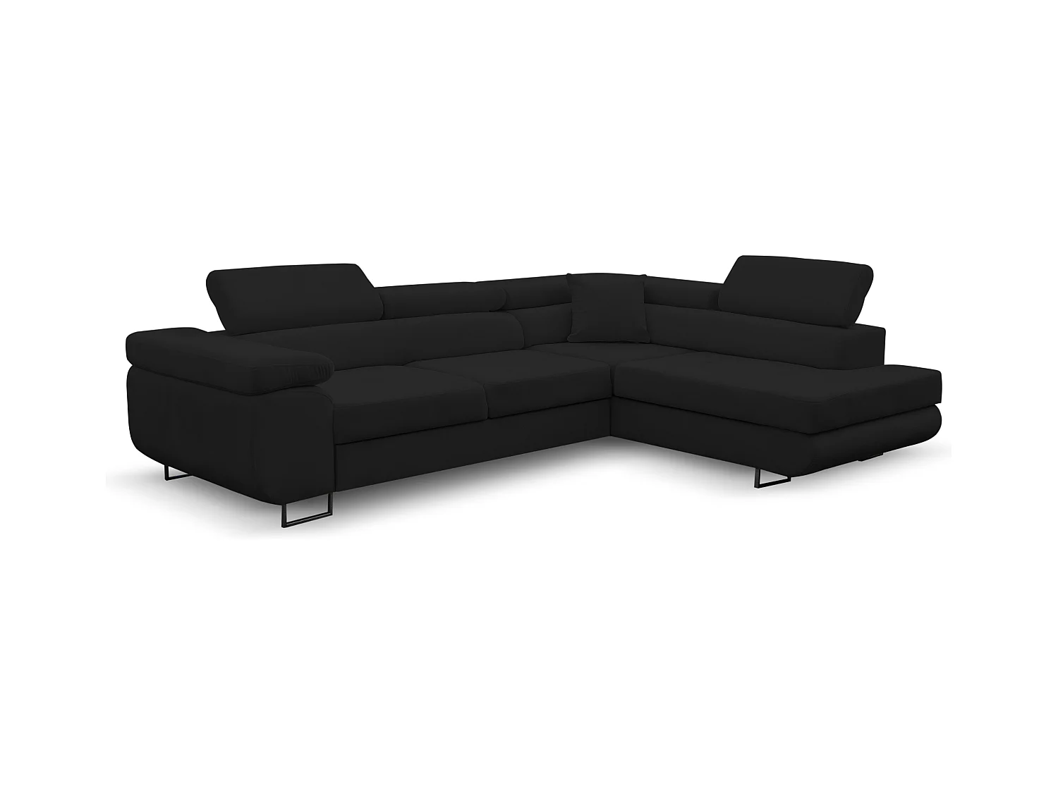 Canapé d'angle Jerry avec fonction couchage et coffre de rangement, couleur : noir, tissu velours, pouf à droite