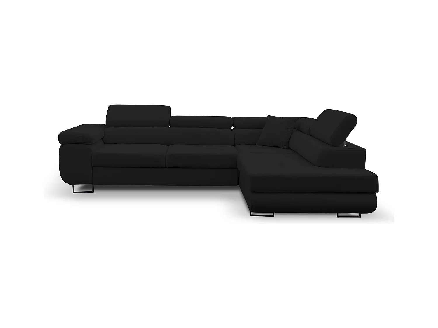 Canapé d'angle Jerry avec fonction couchage et coffre de rangement, couleur : noir, tissu velours, pouf à droite