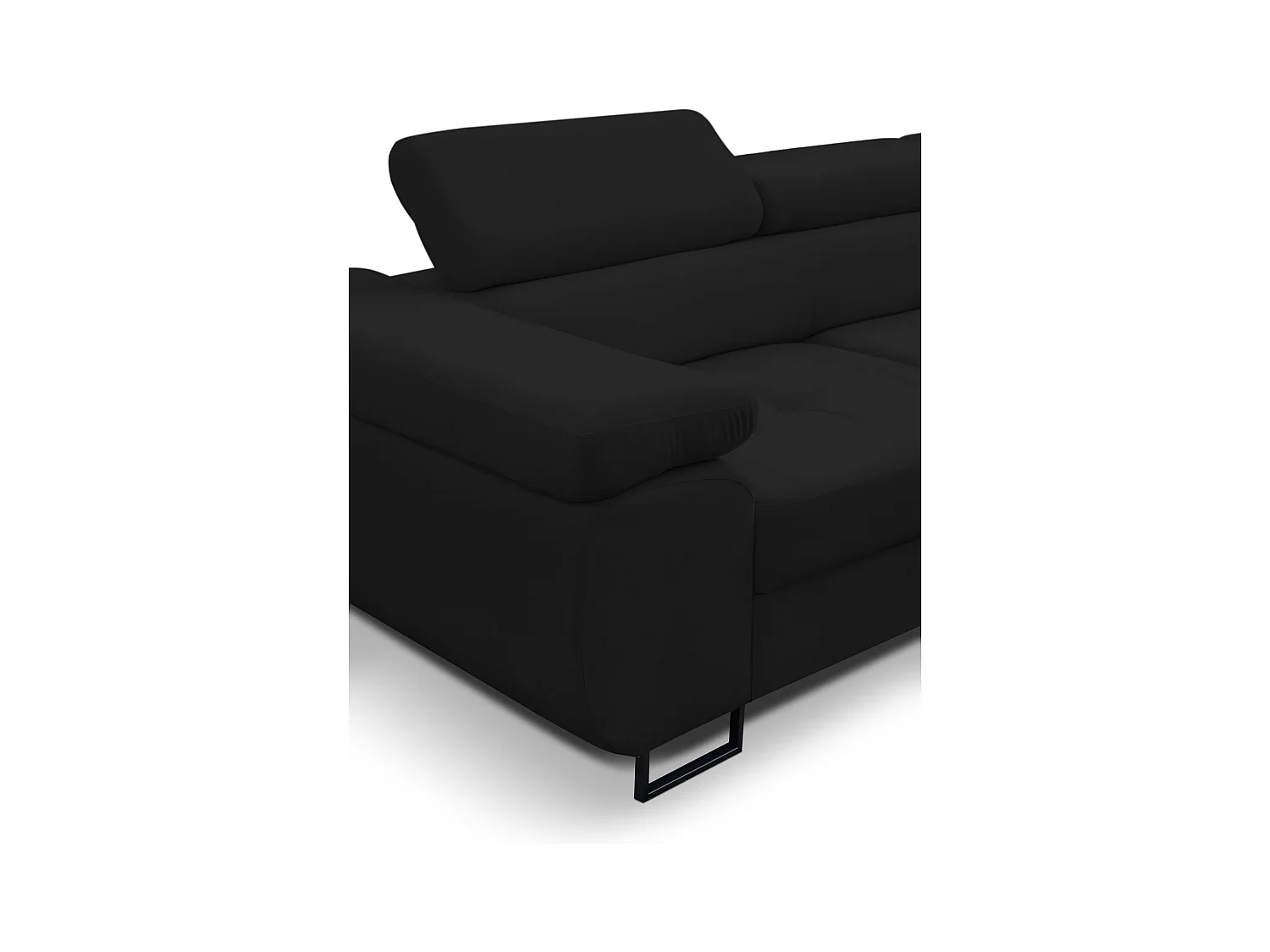 Canapé d'angle Jerry avec fonction couchage et coffre de rangement, couleur : noir, tissu velours, pouf à droite