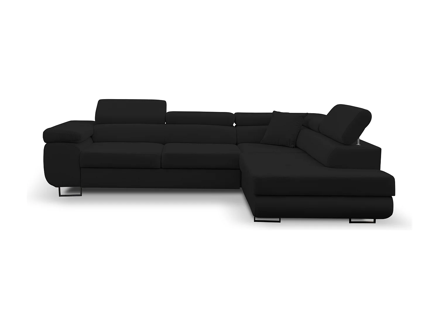 Canapé d'angle Jerry avec fonction couchage et coffre de rangement, couleur : noir, tissu velours, pouf à droite