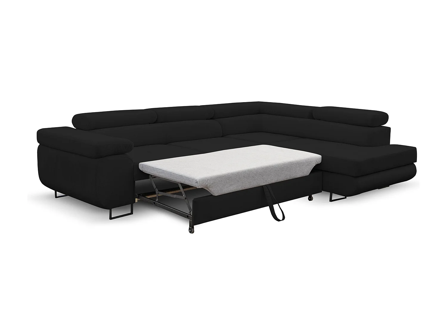 Canapé d'angle Jerry avec fonction couchage et coffre de rangement, couleur : noir, tissu velours, pouf à droite