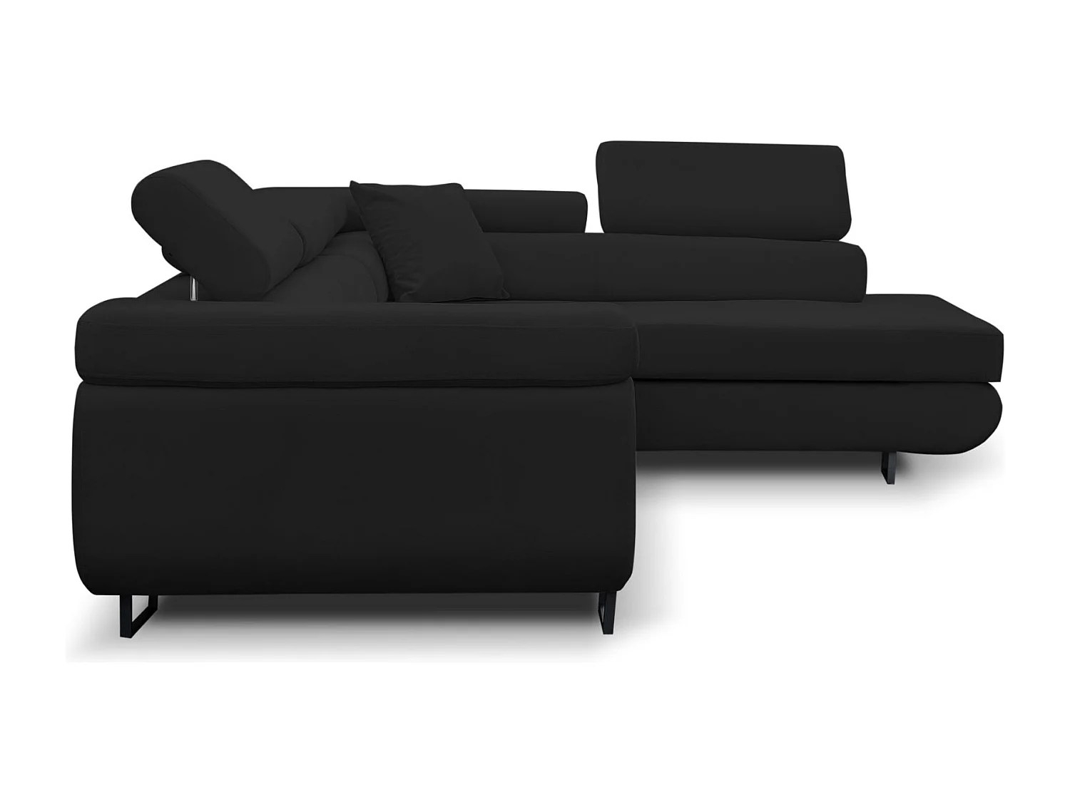 Canapé d'angle Jerry avec fonction couchage et coffre de rangement, couleur : noir, tissu velours, pouf à droite