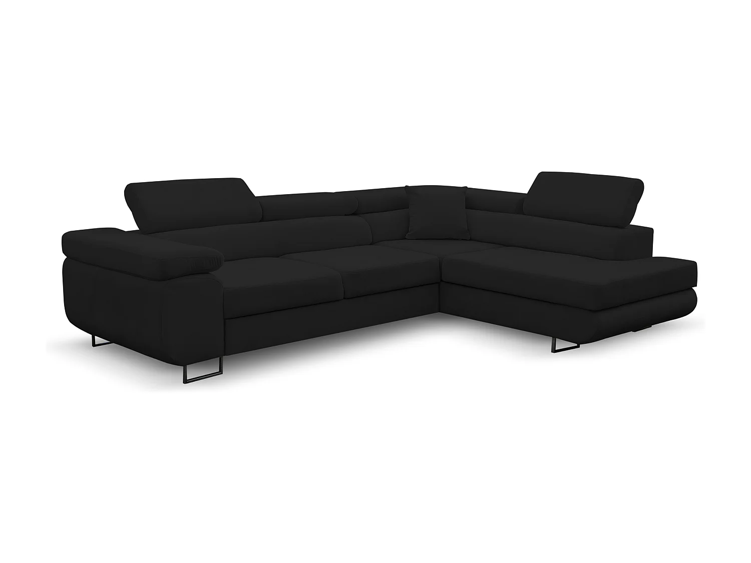 Canapé d'angle Jerry avec fonction couchage et coffre de rangement, couleur : noir, tissu velours, pouf à droite