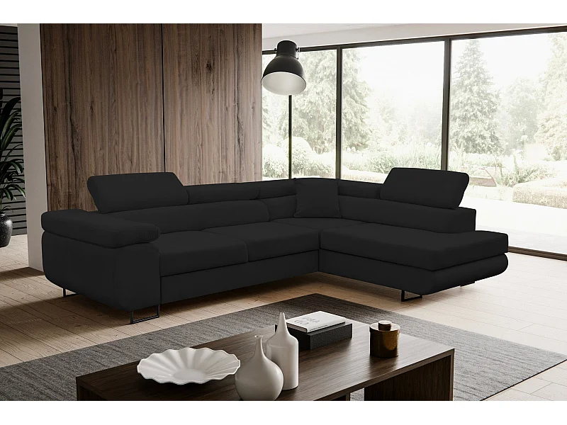 Canapé d'angle Jerry avec fonction couchage et coffre de rangement, couleur : noir, tissu velours, pouf à droite