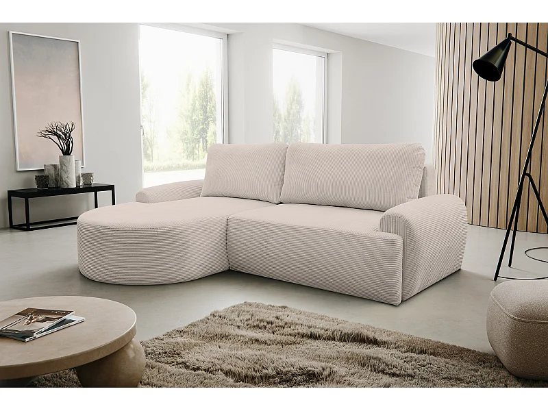 Canapé d'angle Dream Cord avec fonction couchage et coffre de rangement, couleur : beige, tissu cord, pouf à gauche