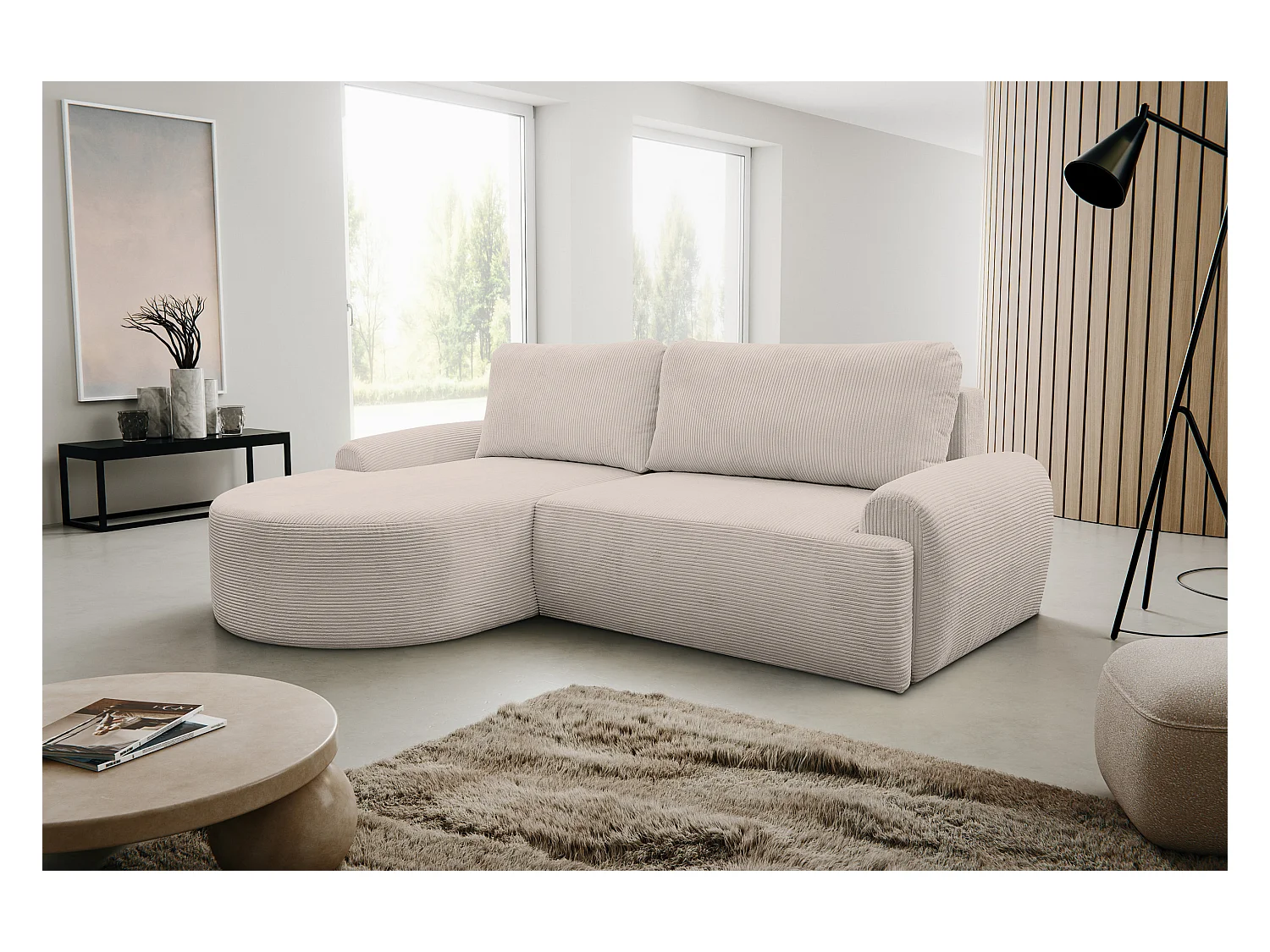 Canapé d'angle Dream Cord avec fonction couchage et coffre de rangement, couleur : beige, tissu cord, pouf à gauche