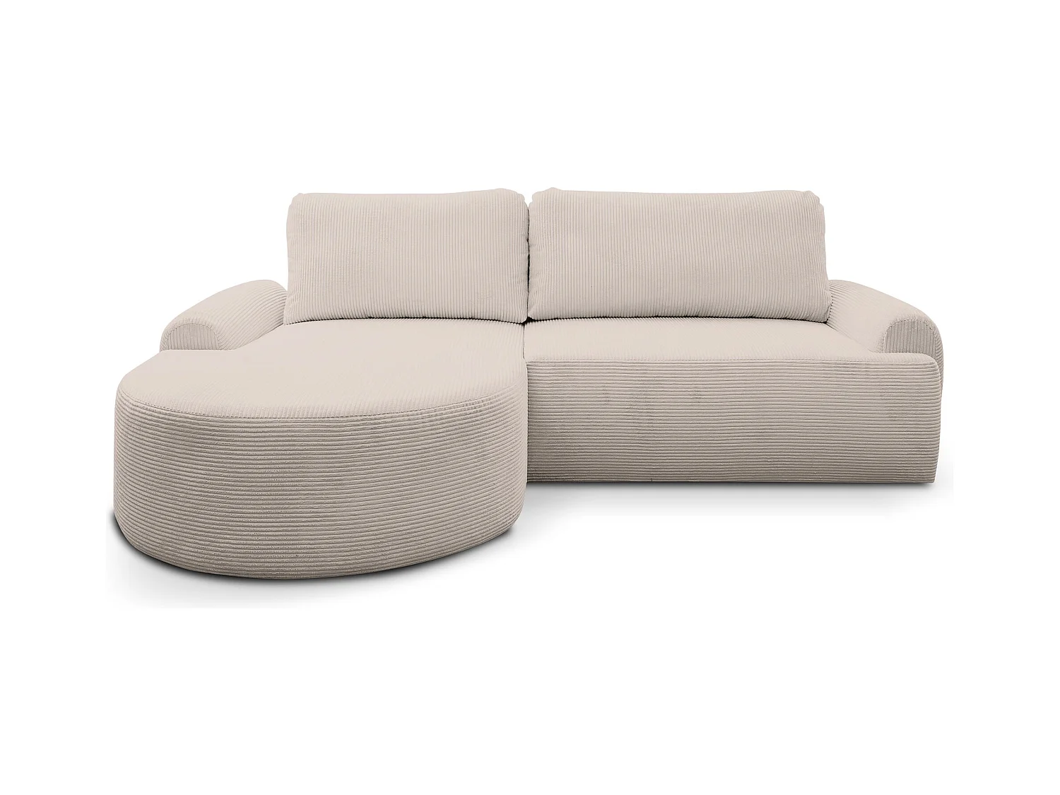 Canapé d'angle Dream Cord avec fonction couchage et coffre de rangement, couleur : beige, tissu cord, pouf à gauche