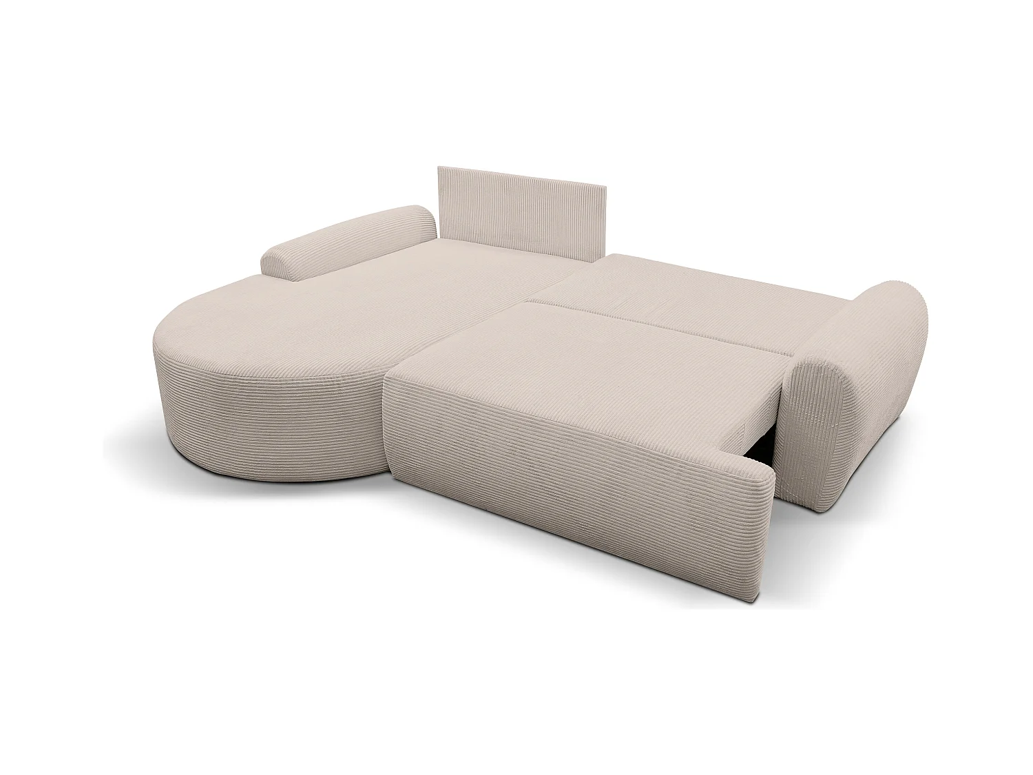 Canapé d'angle Dream Cord avec fonction couchage et coffre de rangement, couleur : beige, tissu cord, pouf à gauche