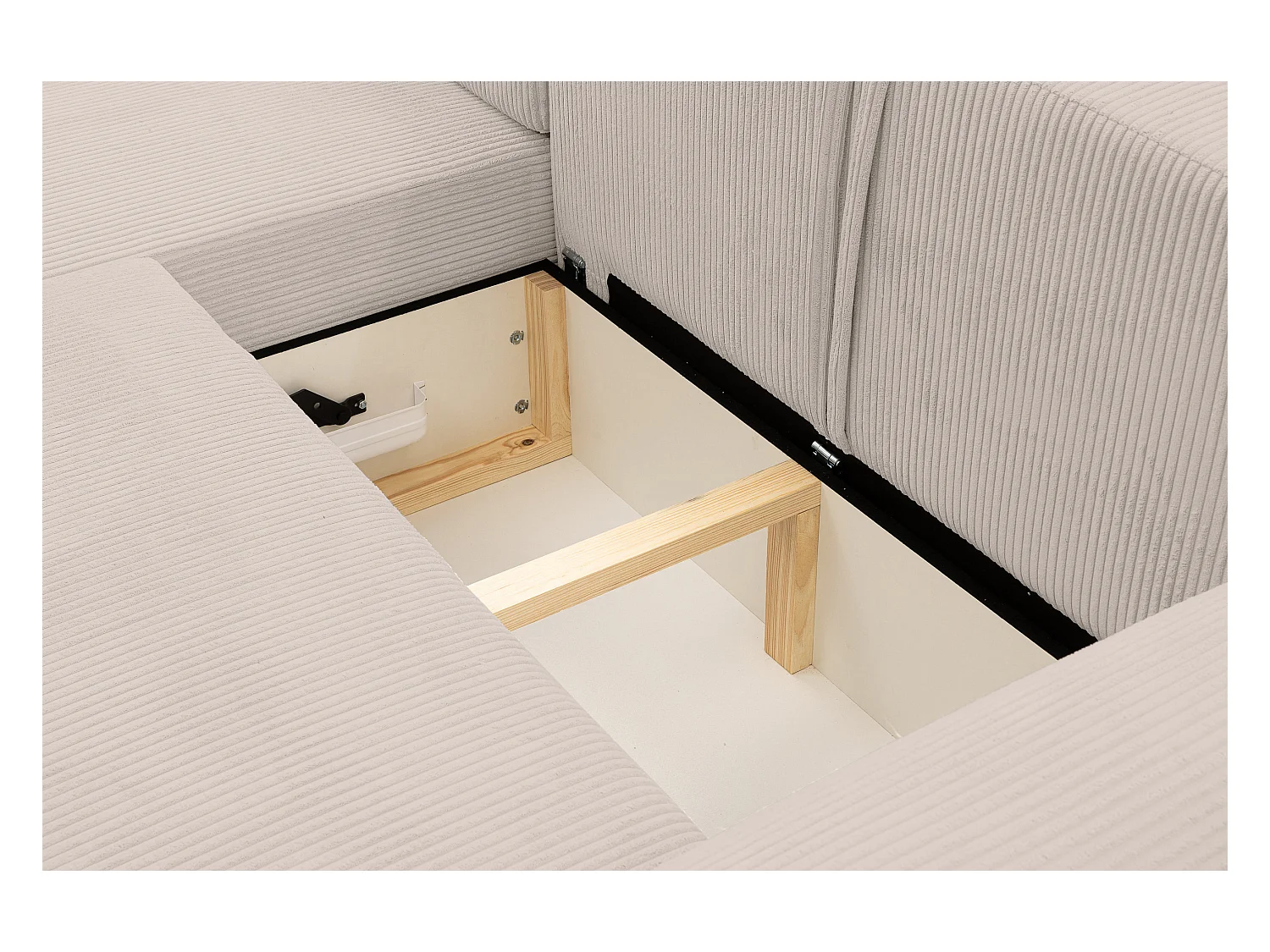 Canapé d'angle Dream Cord avec fonction couchage et coffre de rangement, couleur : beige, tissu cord, pouf à gauche