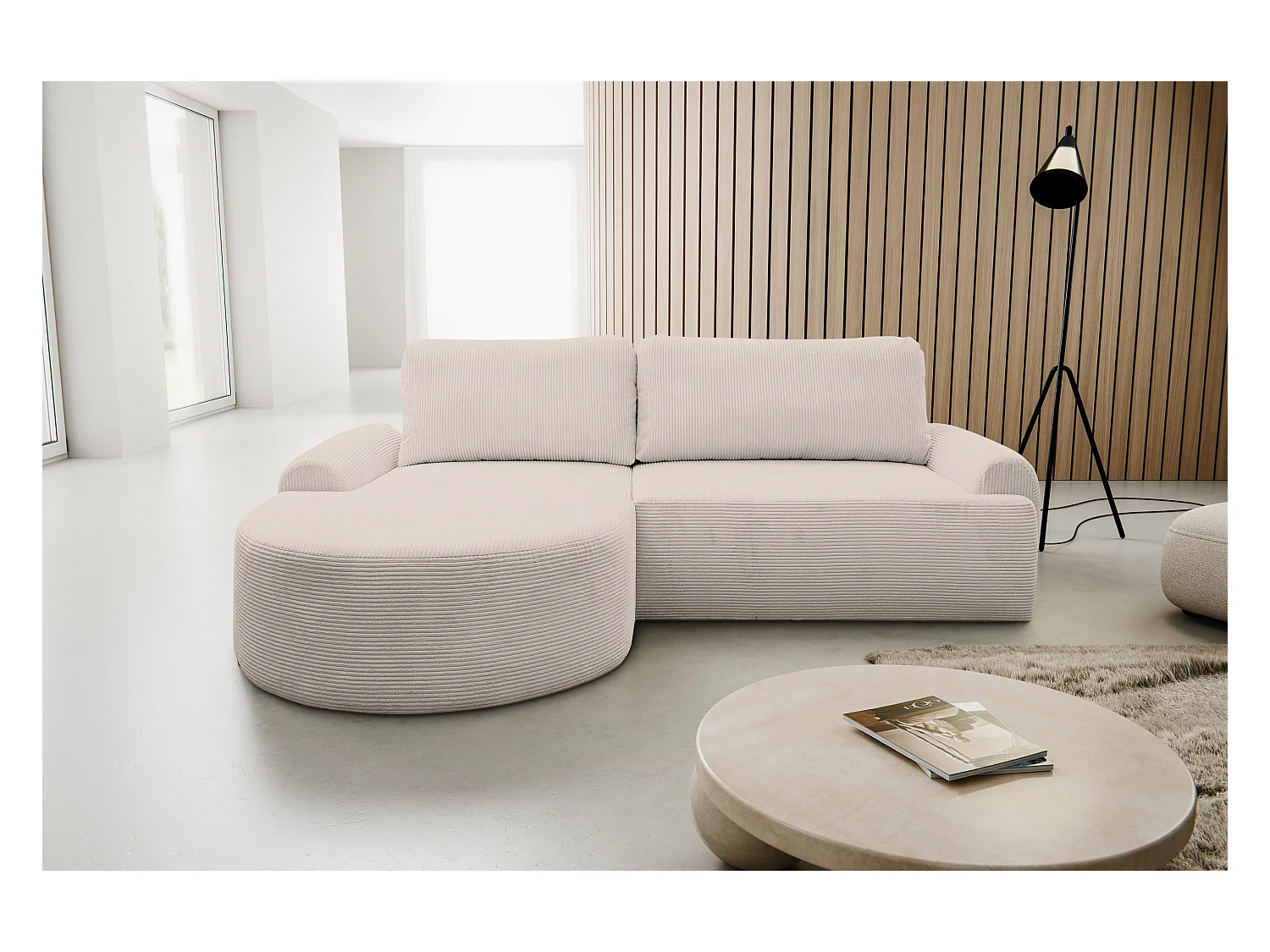 Canapé d'angle Dream Cord avec fonction couchage et coffre de rangement, couleur : beige, tissu cord, pouf à gauche