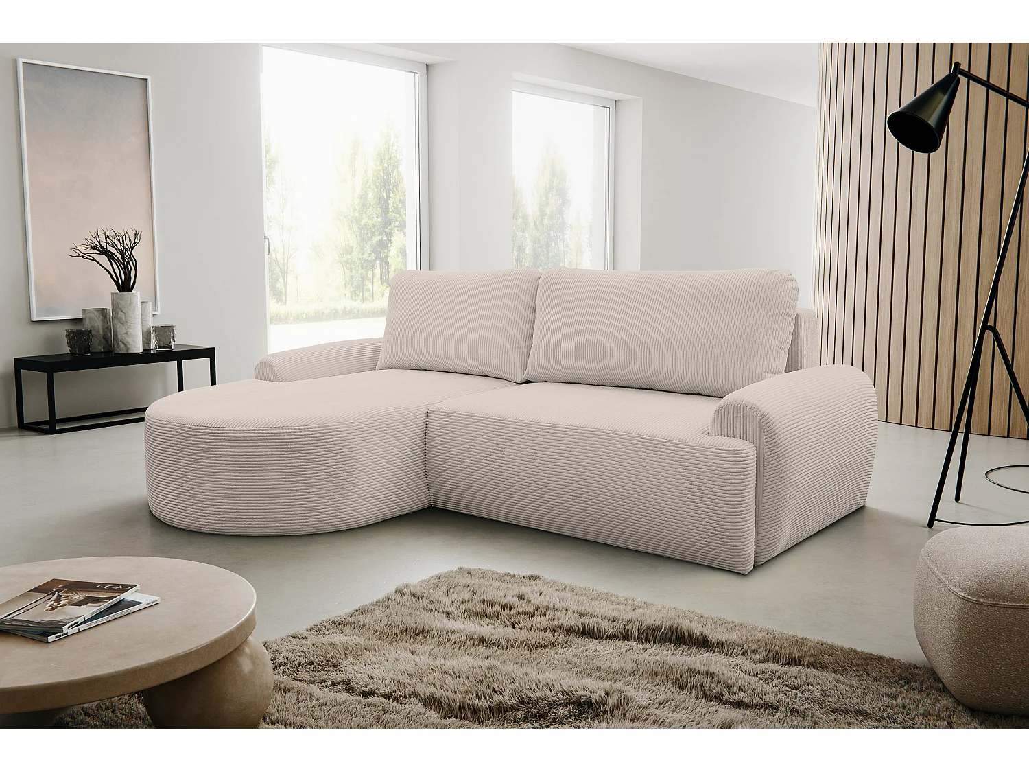 Canapé d'angle Dream Cord avec fonction couchage et coffre de rangement, couleur : beige, tissu cord, pouf à gauche