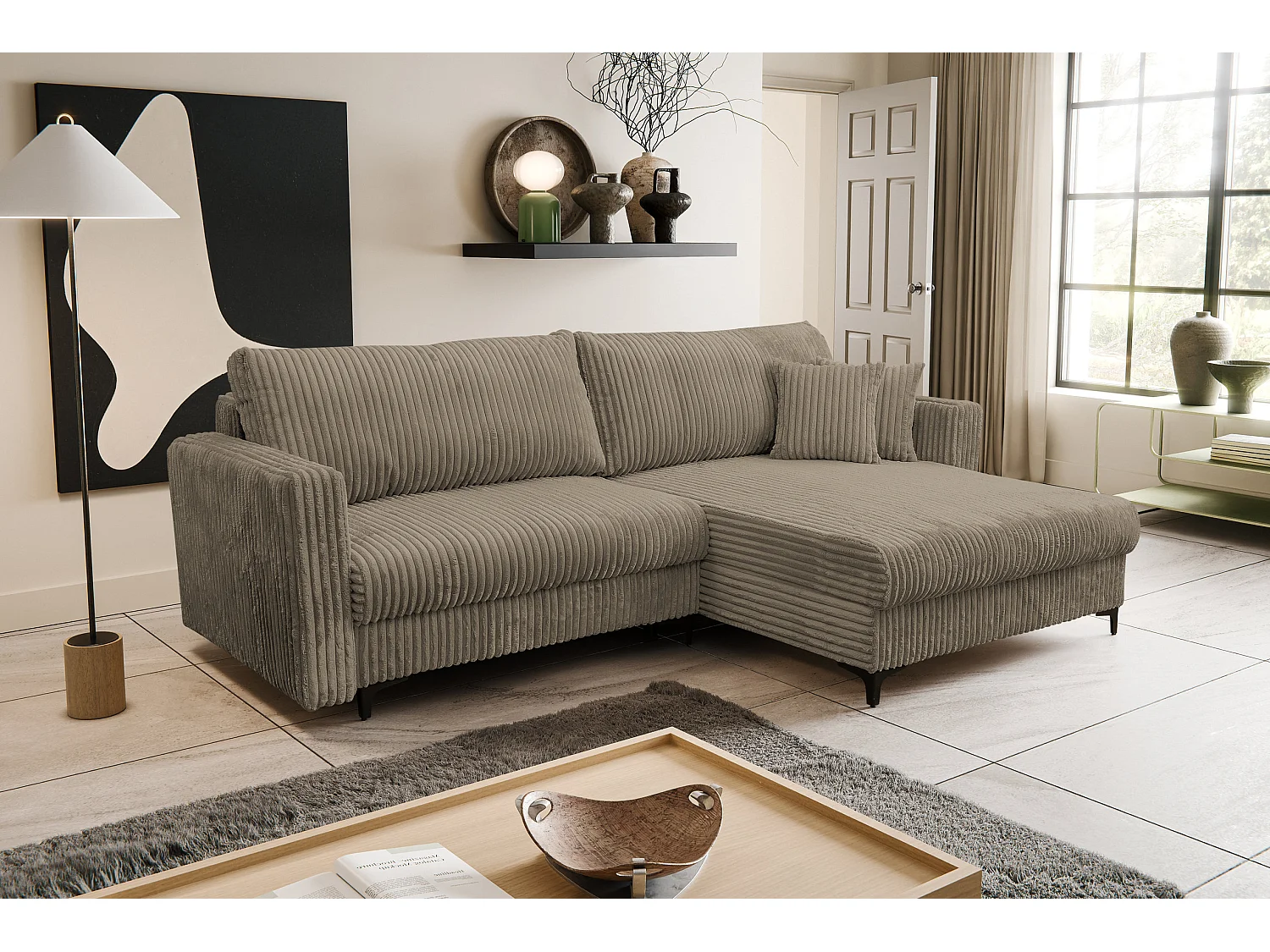 Canapé d'angle Como avec fonction couchage et coffre de rangement, couleur : marron, tissu cordé, pouf à droite