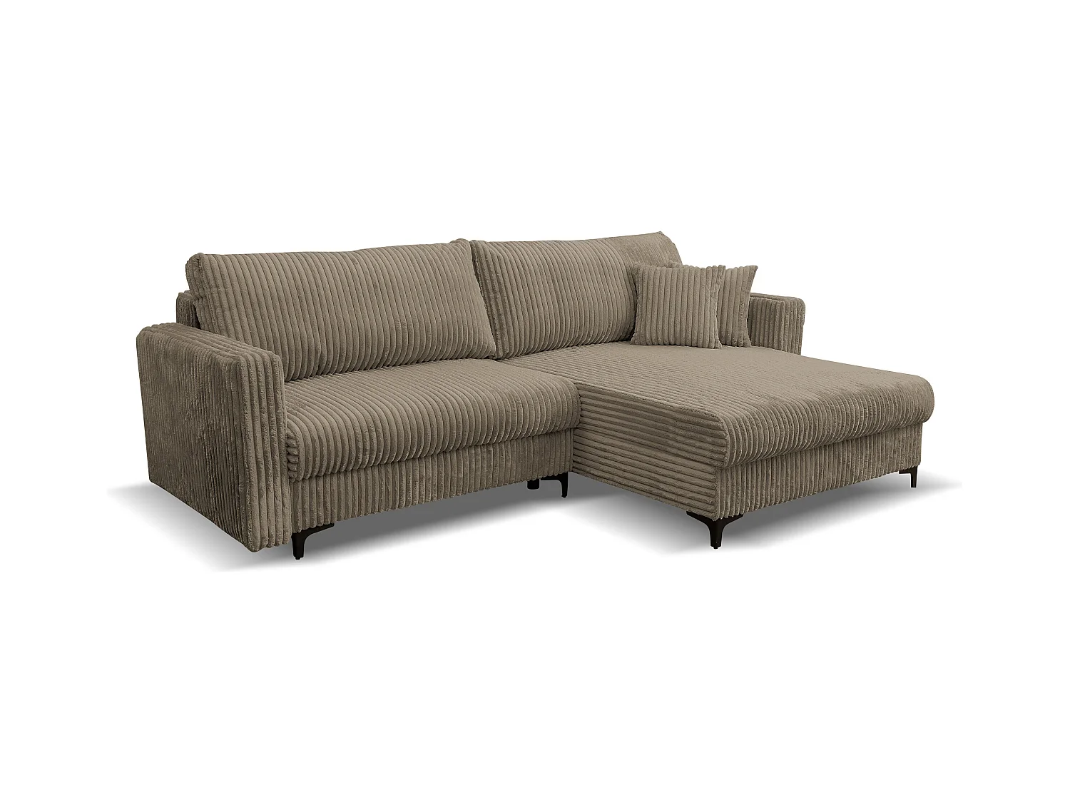 Canapé d'angle Como avec fonction couchage et coffre de rangement, couleur : marron, tissu cordé, pouf à droite