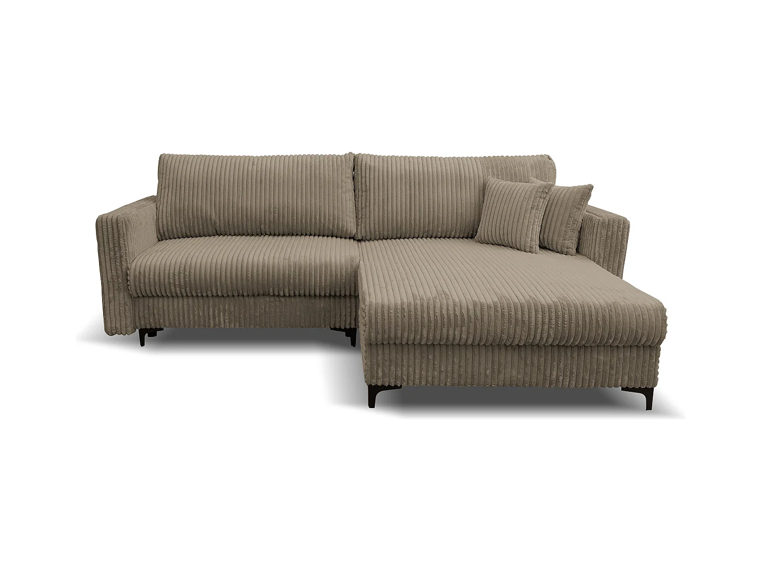 Canapé d'angle Como avec fonction couchage et coffre de rangement, couleur : marron, tissu cordé, pouf à droite