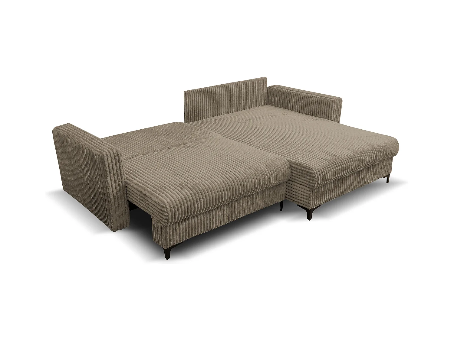 Canapé d'angle Como avec fonction couchage et coffre de rangement, couleur : marron, tissu cordé, pouf à droite