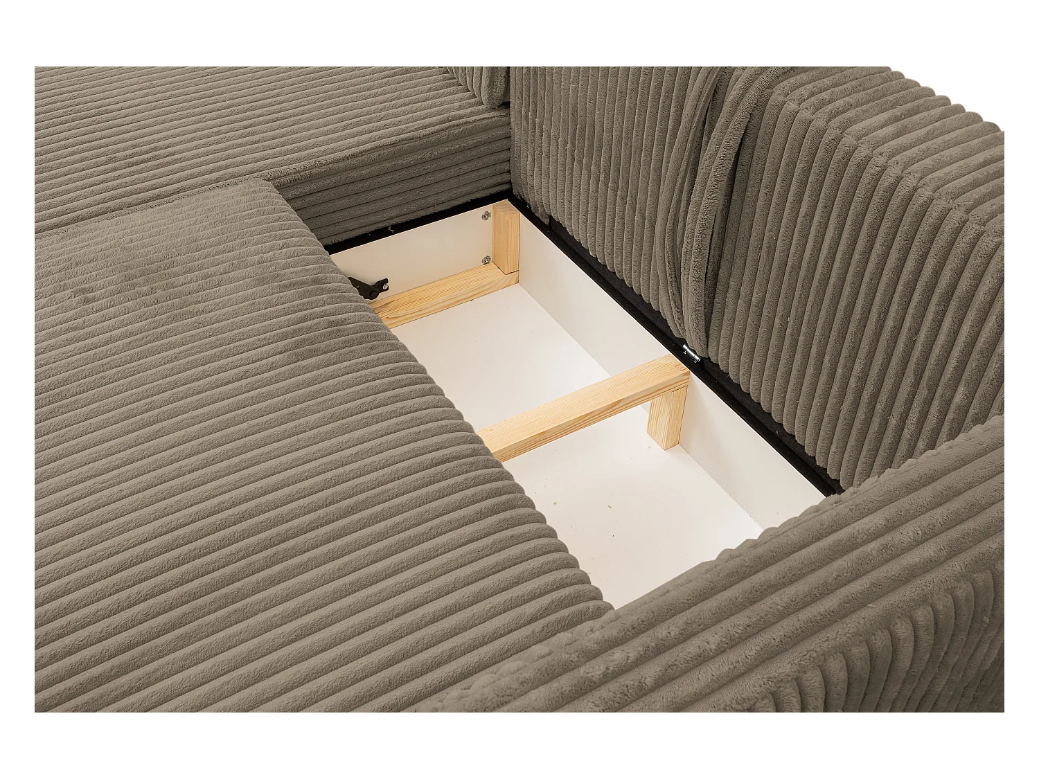 Canapé d'angle Como avec fonction couchage et coffre de rangement, couleur : marron, tissu cordé, pouf à droite