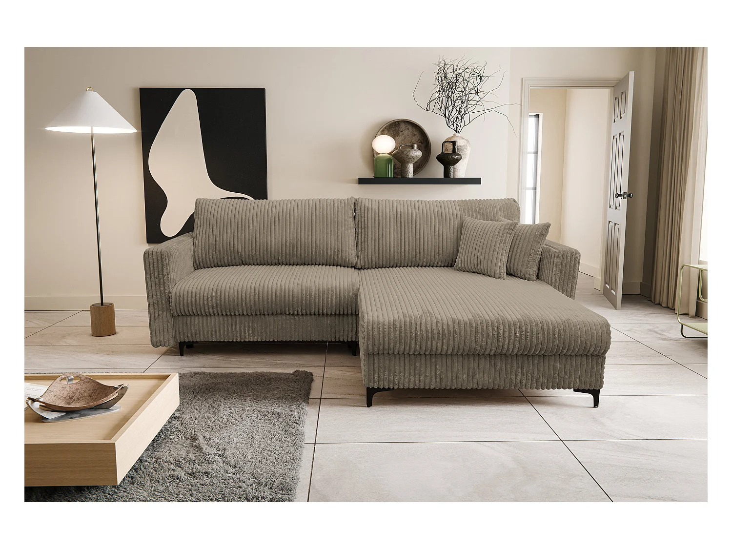 Canapé d'angle Como avec fonction couchage et coffre de rangement, couleur : marron, tissu cordé, pouf à droite