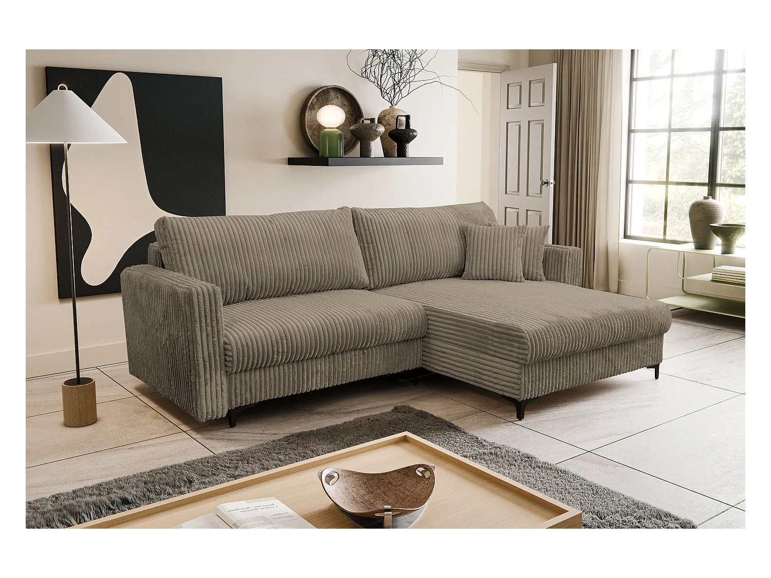 Hoekbank Como, hoekbank in L-vorm met slaapfunctie en bedbak, kleur: bruin, corduroy, ottomane rechts