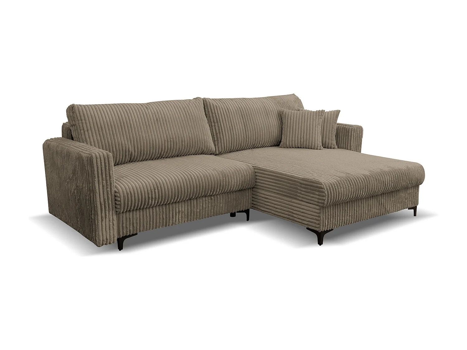 Canapé d'angle Como avec fonction couchage et coffre de rangement, couleur : marron, tissu cordé, pouf à droite