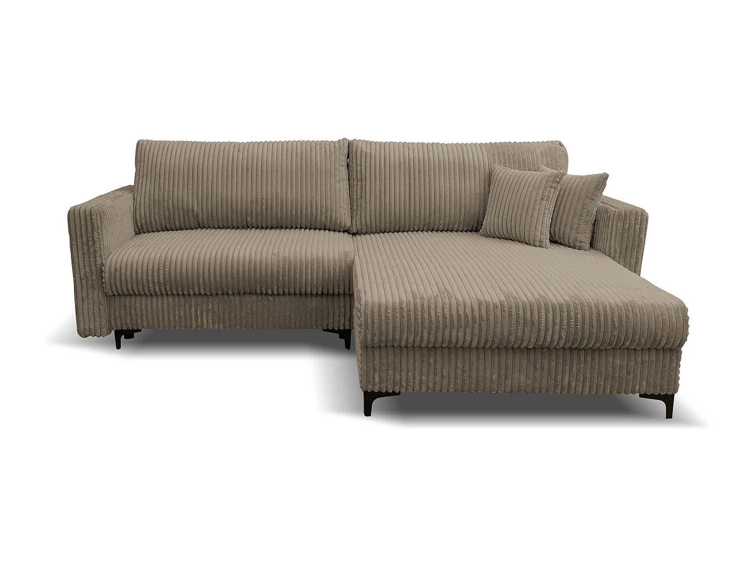 Canapé d'angle Como avec fonction couchage et coffre de rangement, couleur : marron, tissu cordé, pouf à droite