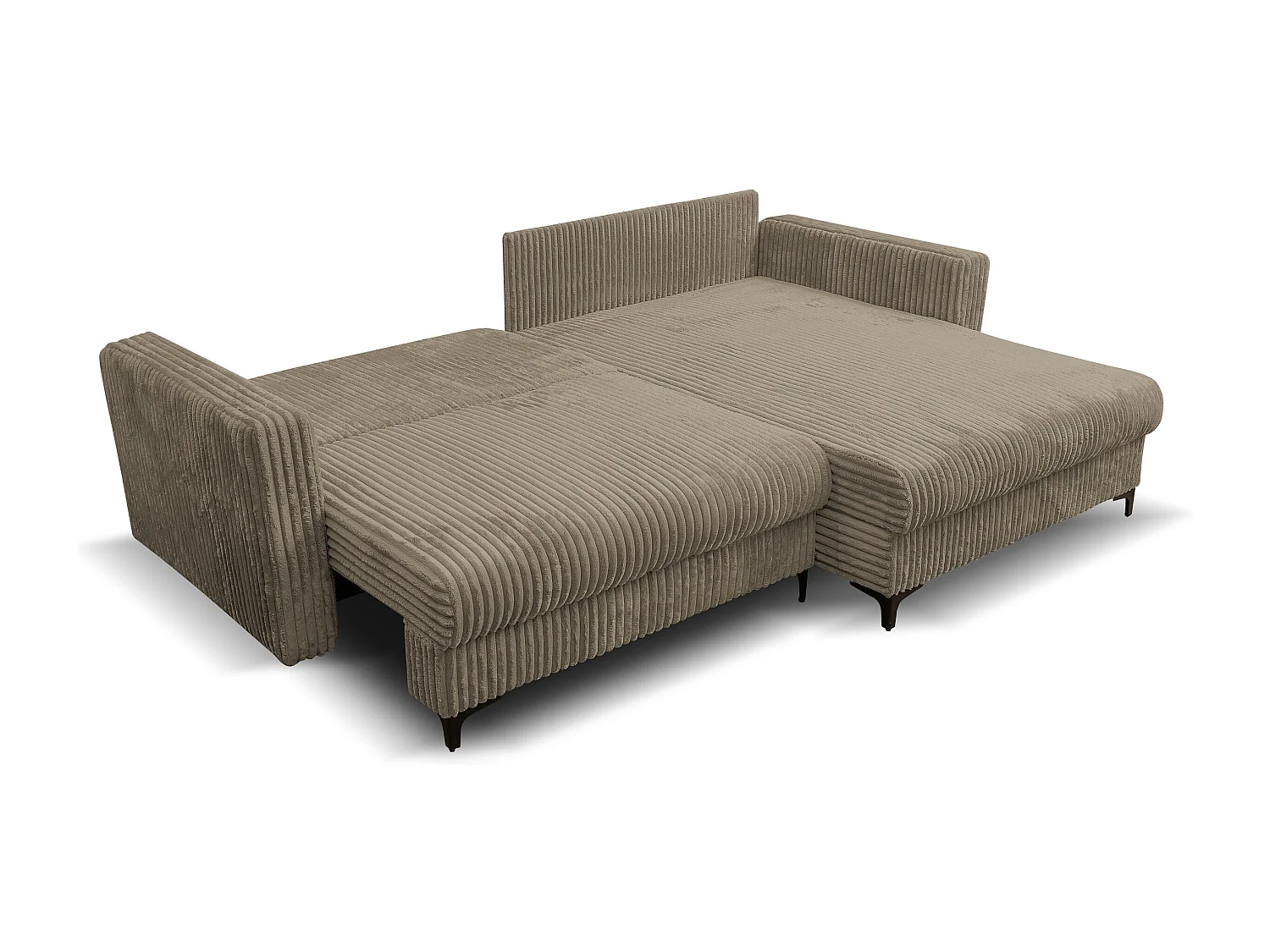 Canapé d'angle Como avec fonction couchage et coffre de rangement, couleur : marron, tissu cordé, pouf à droite