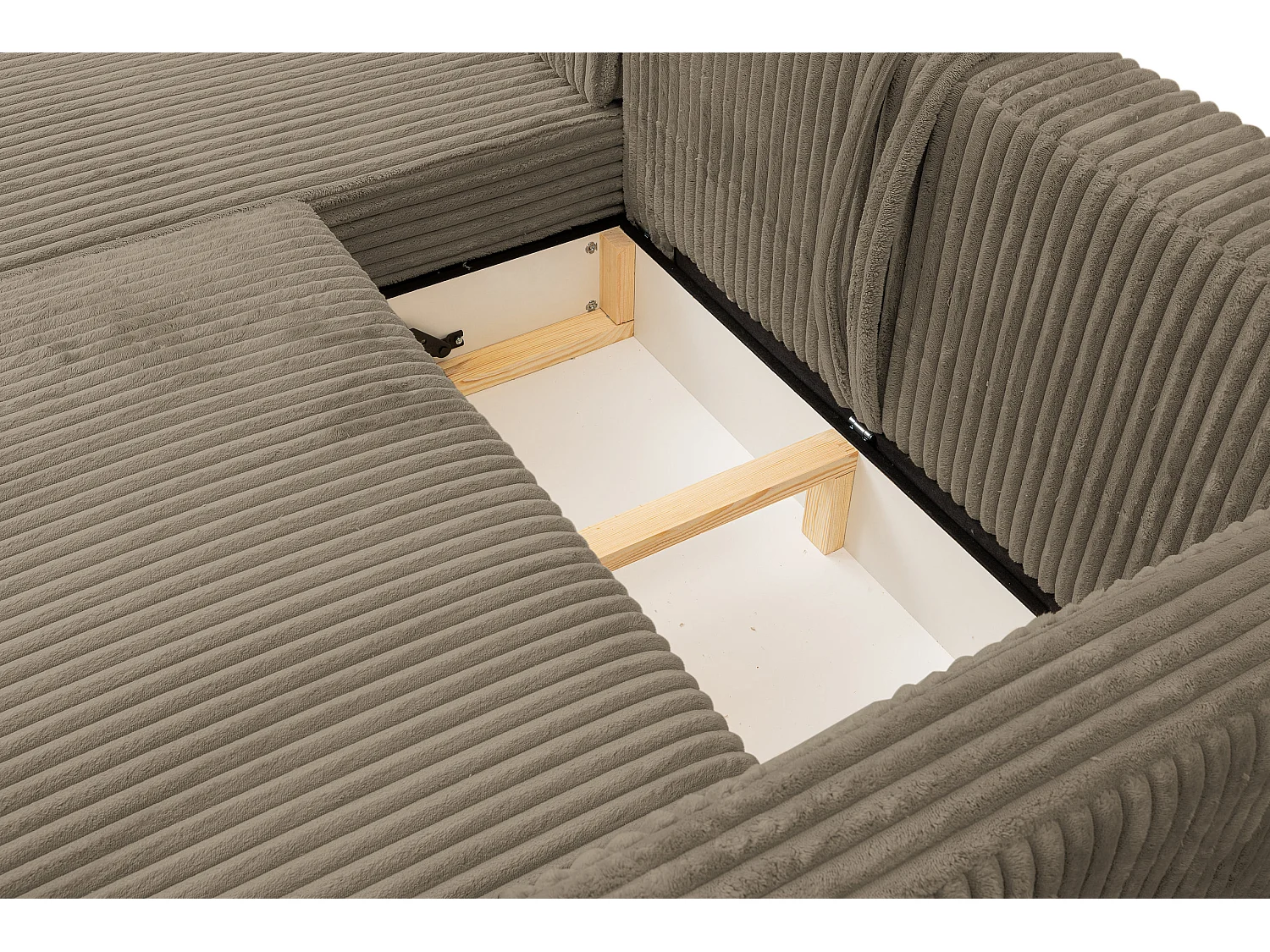 Canapé d'angle Como avec fonction couchage et coffre de rangement, couleur : marron, tissu cordé, pouf à droite