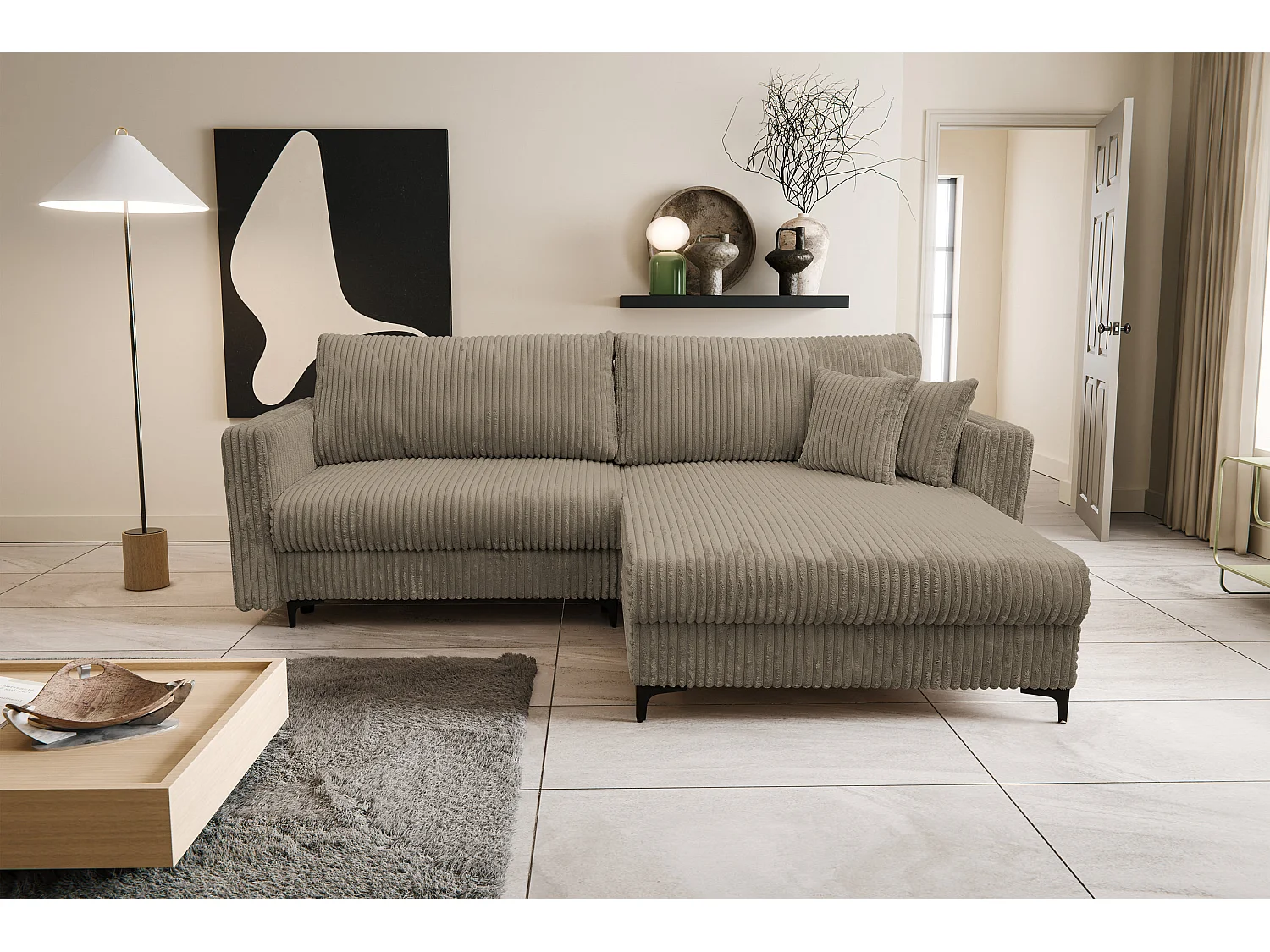 Canapé d'angle Como avec fonction couchage et coffre de rangement, couleur : marron, tissu cordé, pouf à droite