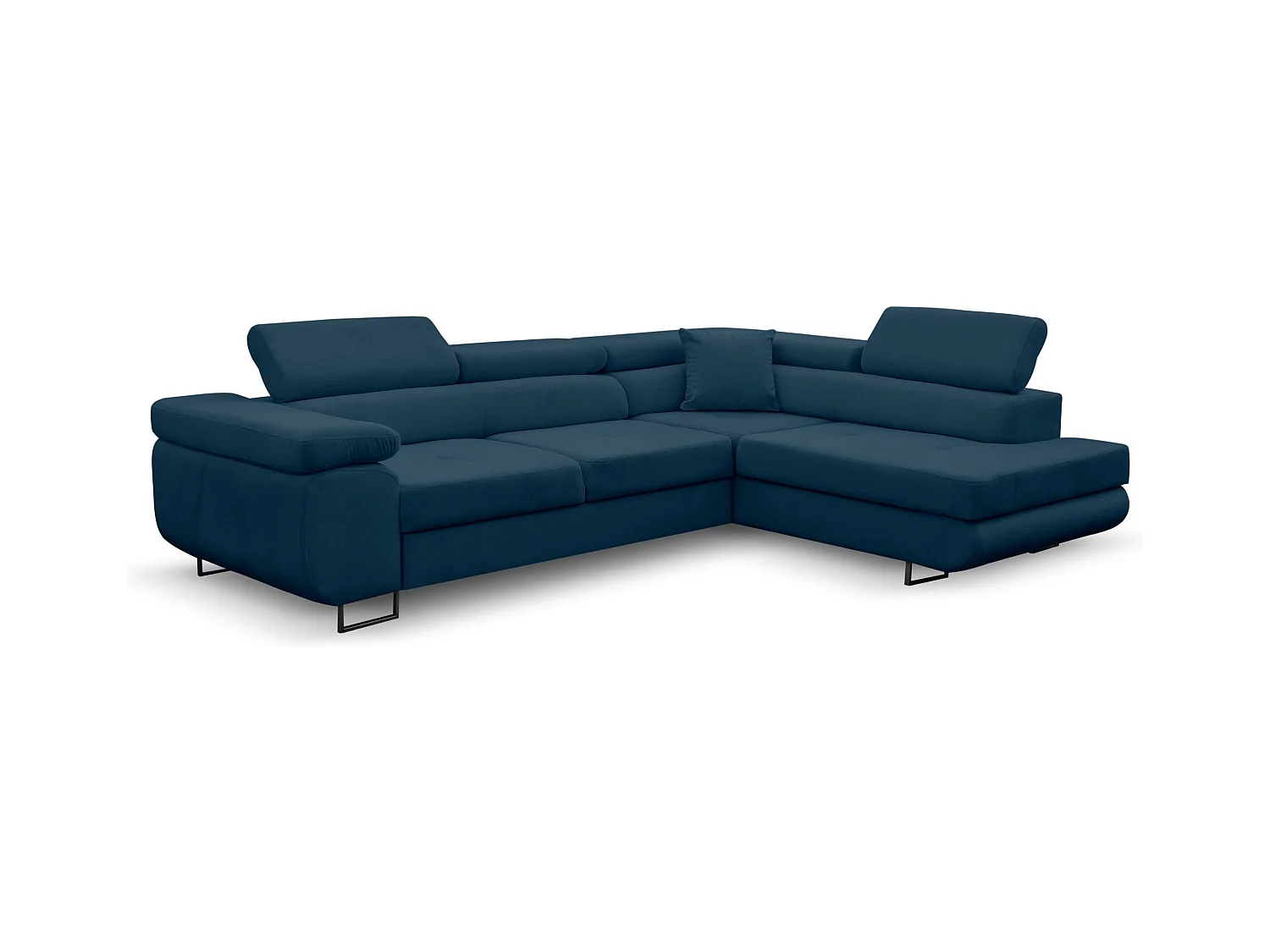 Canapé d'angle Jerry avec fonction couchage et coffre de rangement, couleur : bleu, tissu velours, pouf à droite