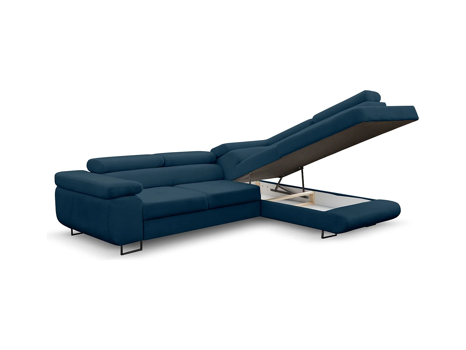 Canapé d'angle Jerry avec fonction couchage et coffre de rangement, couleur : bleu, tissu velours, pouf à droite