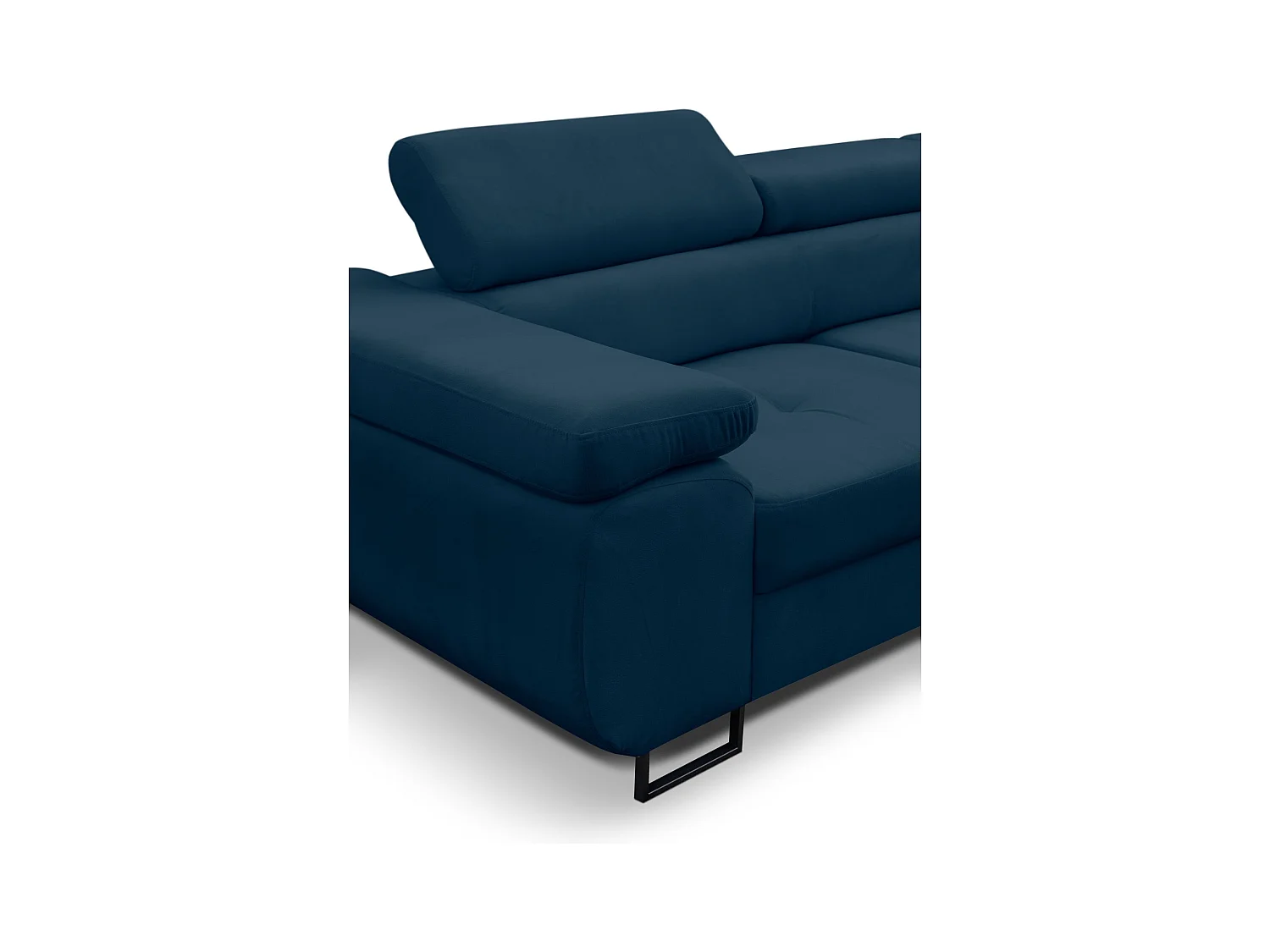 Canapé d'angle Jerry avec fonction couchage et coffre de rangement, couleur : bleu, tissu velours, pouf à droite