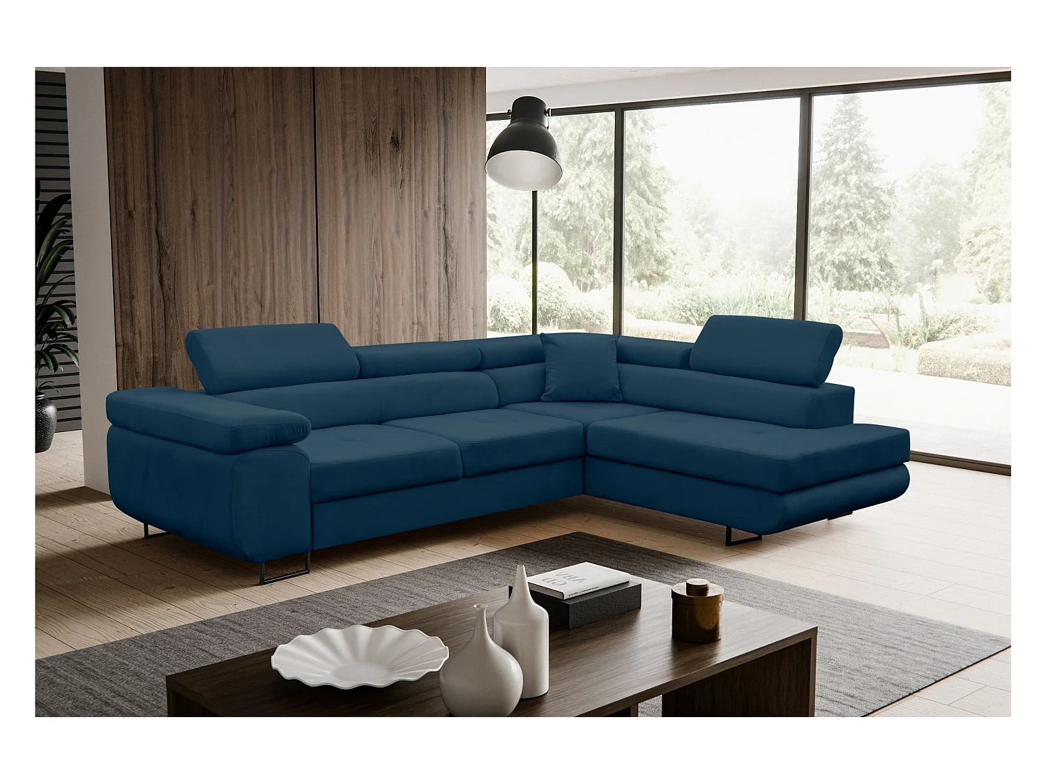 Hoekbank Jerry, hoekbank in L-vorm met slaapfunctie en bedbak, kleur: blauw, veloursstof, ottomane rechts