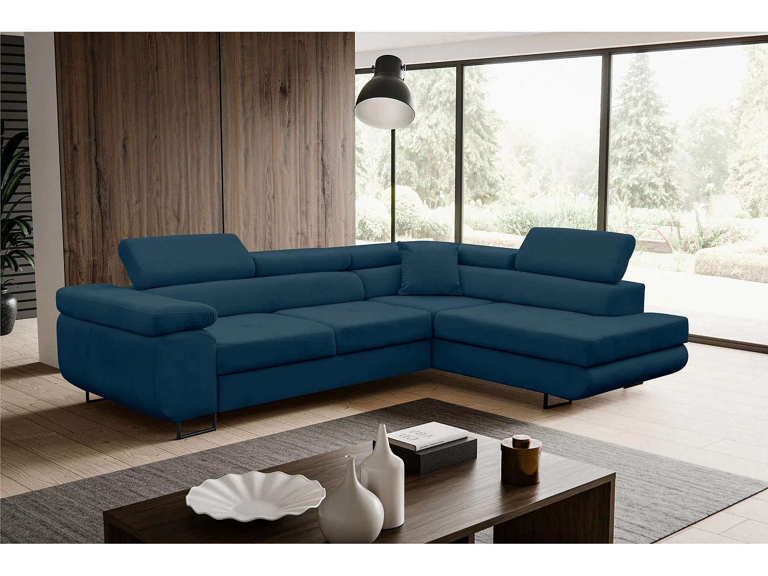 Canapé d'angle Jerry avec fonction couchage et coffre de rangement, couleur : bleu, tissu velours, pouf à droite