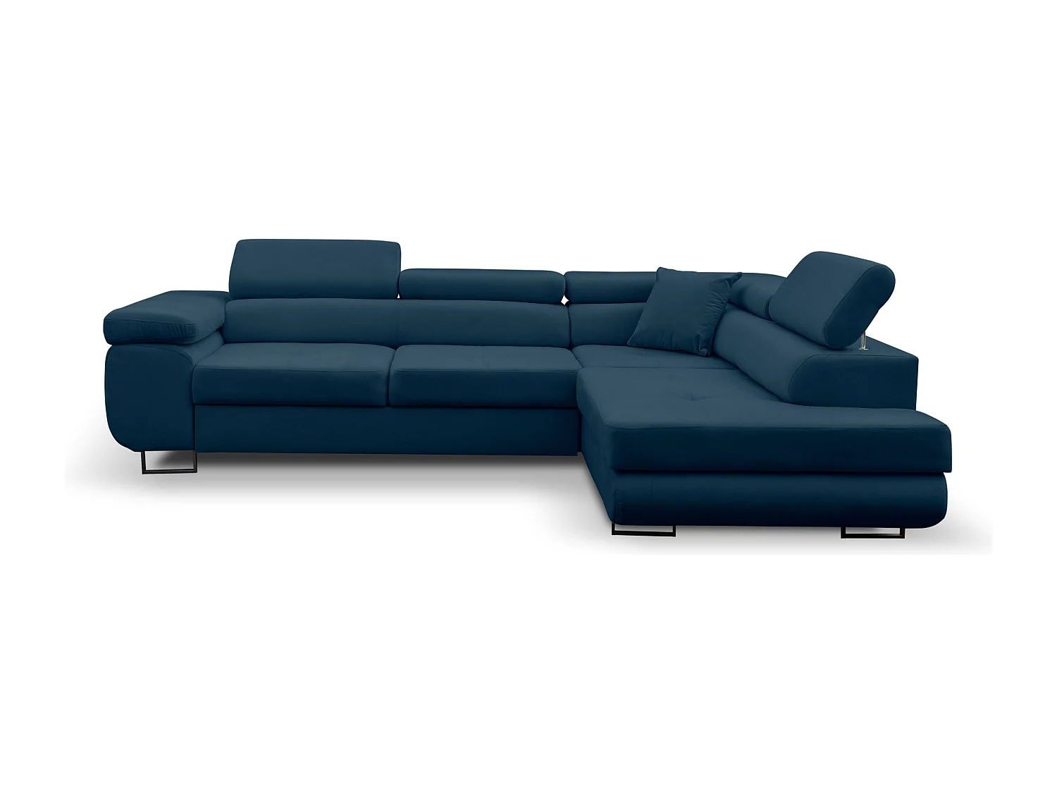 Canapé d'angle Jerry avec fonction couchage et coffre de rangement, couleur : bleu, tissu velours, pouf à droite