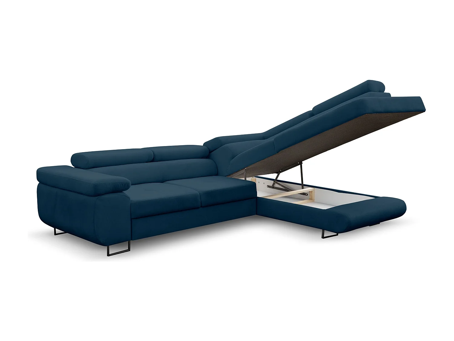 Canapé d'angle Jerry avec fonction couchage et coffre de rangement, couleur : bleu, tissu velours, pouf à droite