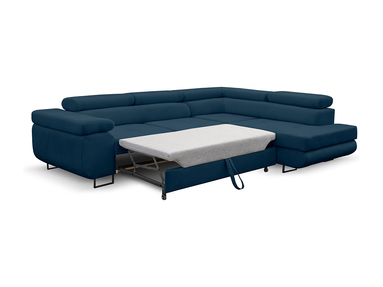 Canapé d'angle Jerry avec fonction couchage et coffre de rangement, couleur : bleu, tissu velours, pouf à droite