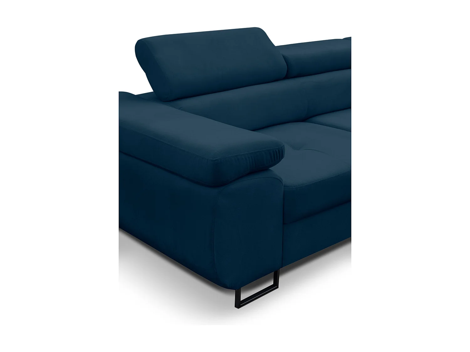 Canapé d'angle Jerry avec fonction couchage et coffre de rangement, couleur : bleu, tissu velours, pouf à droite