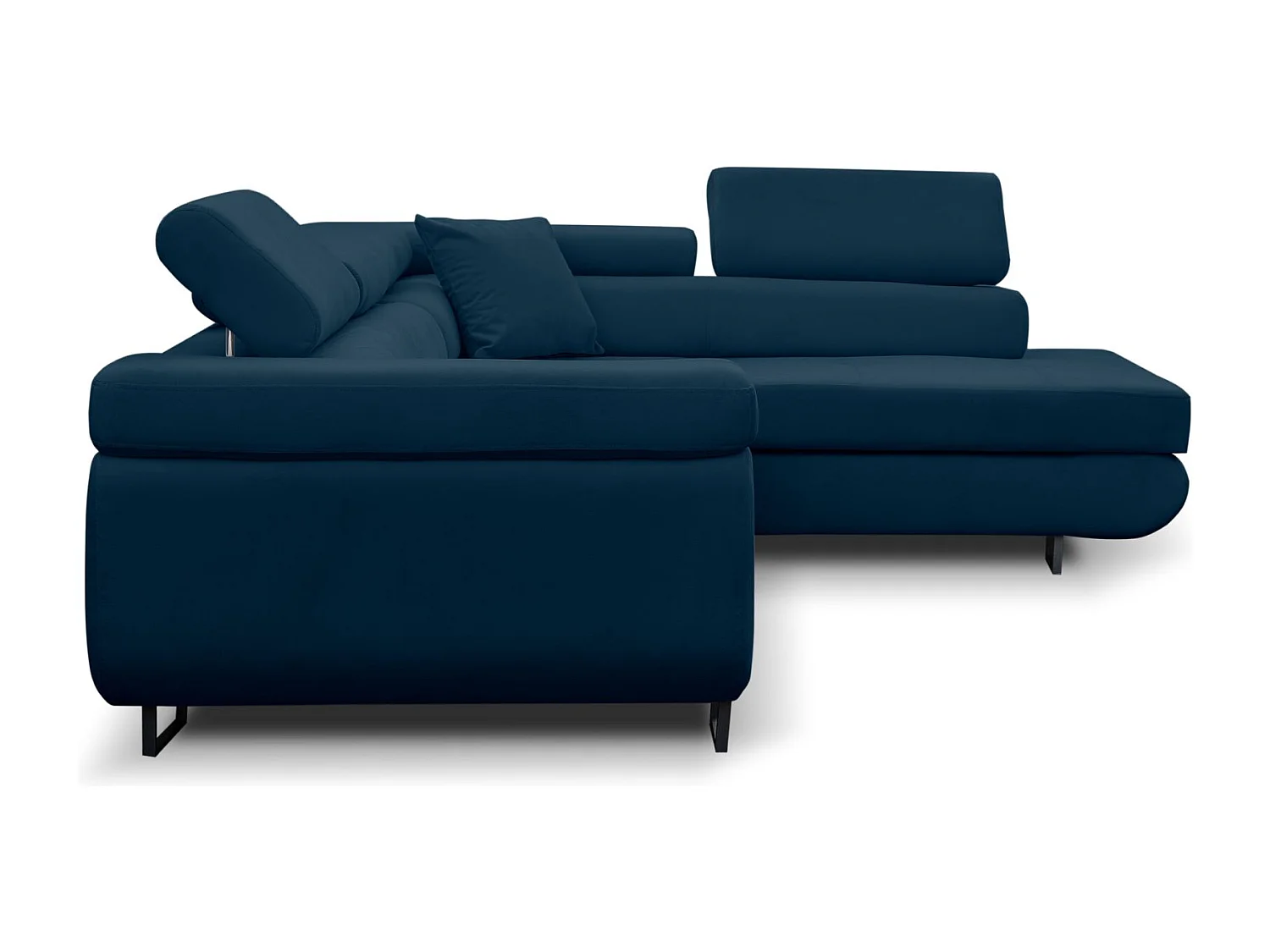 Canapé d'angle Jerry avec fonction couchage et coffre de rangement, couleur : bleu, tissu velours, pouf à droite