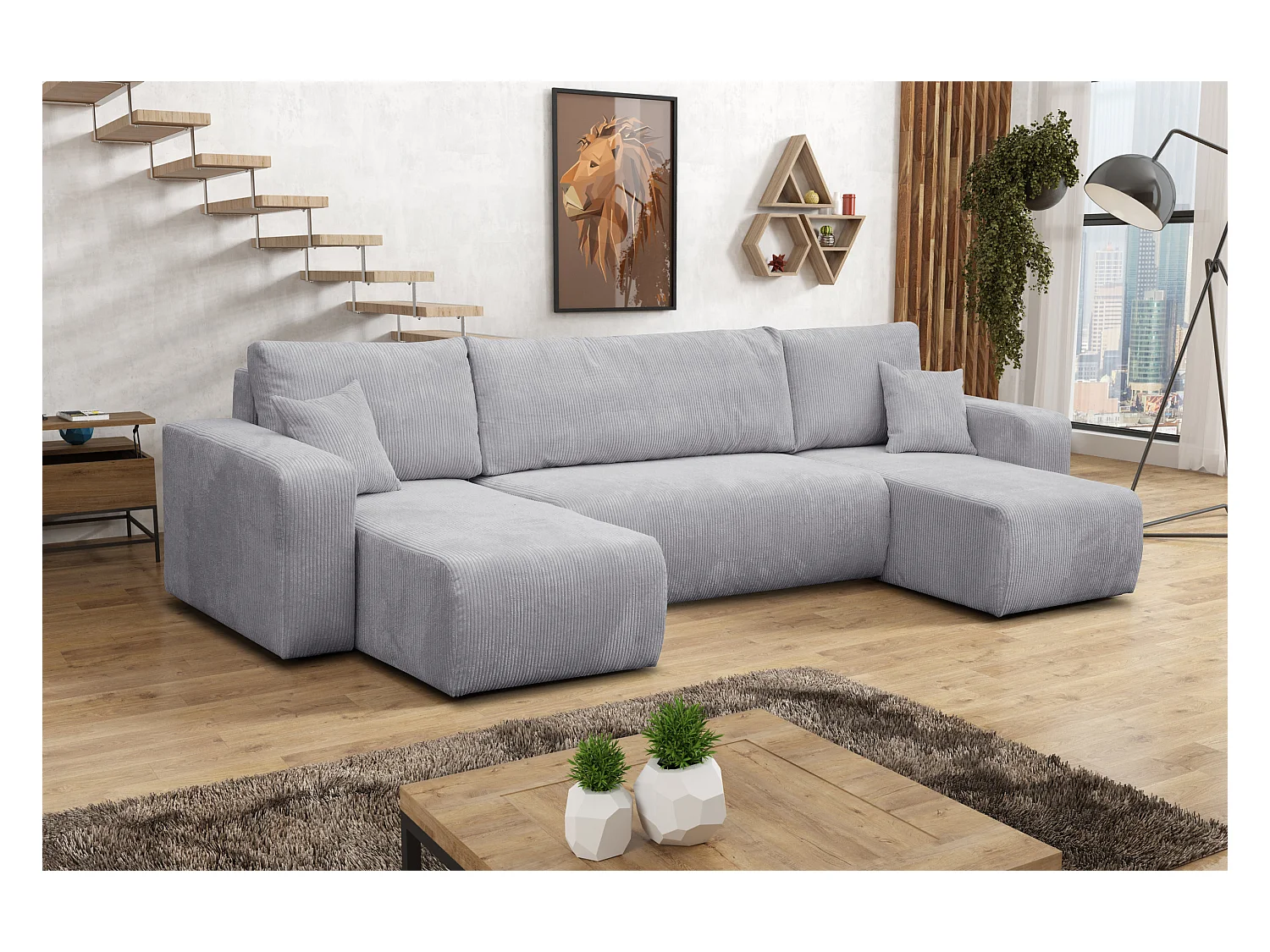 Ensemble de salon Luna U, canapé en U avec fonction couchage et coffre de rangement, couleur : gris clair, tissu velours