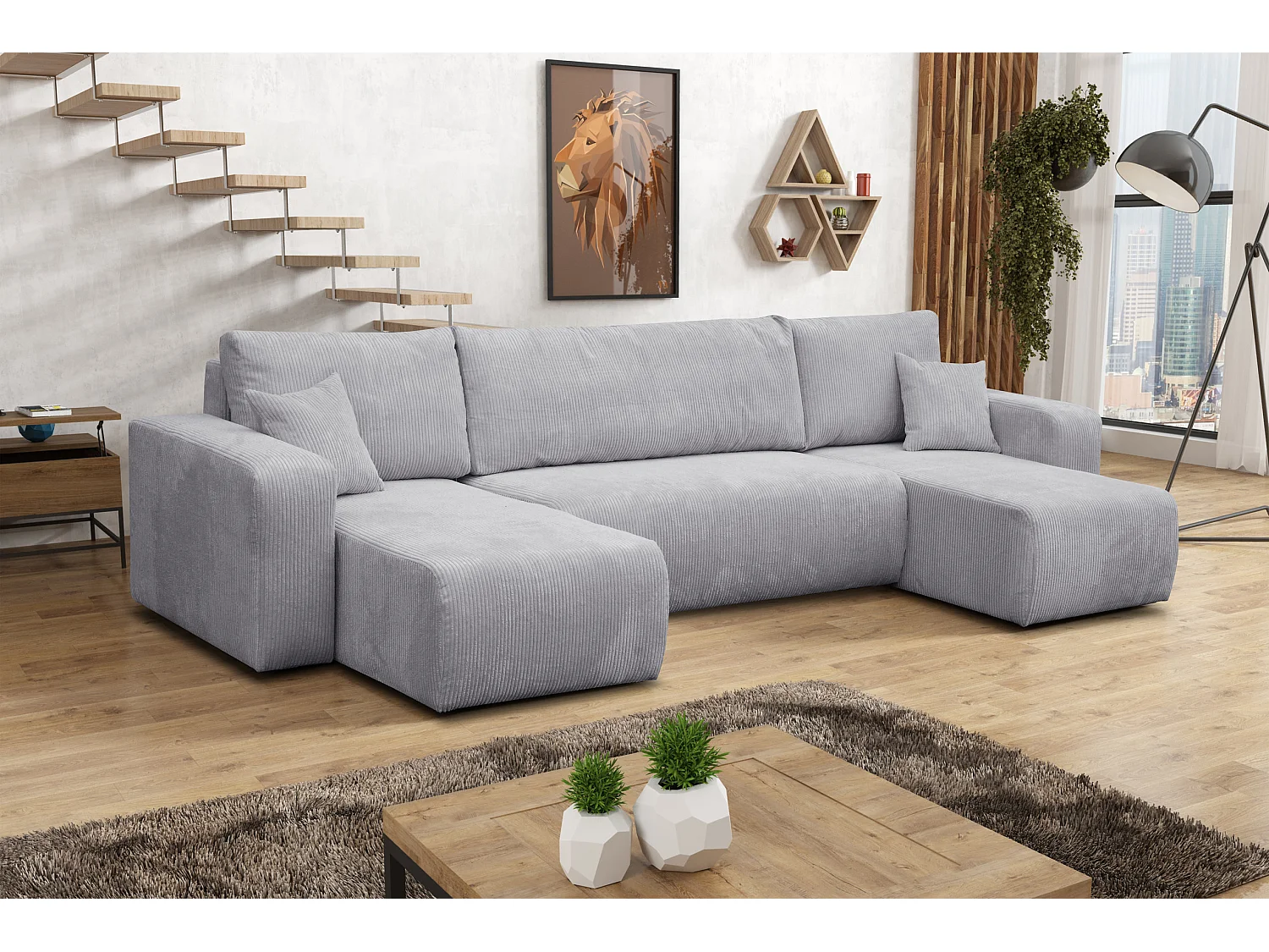 Ensemble de salon Luna U, canapé en U avec fonction couchage et coffre de rangement, couleur : gris clair, tissu velours