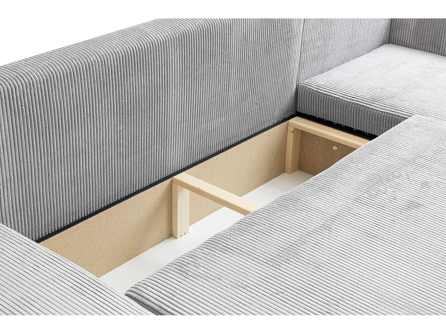 Woonkamermeubel Luna U, U-vormige bank met slaapfunctie en bedbak, kleur: lichtgrijs, corduroy