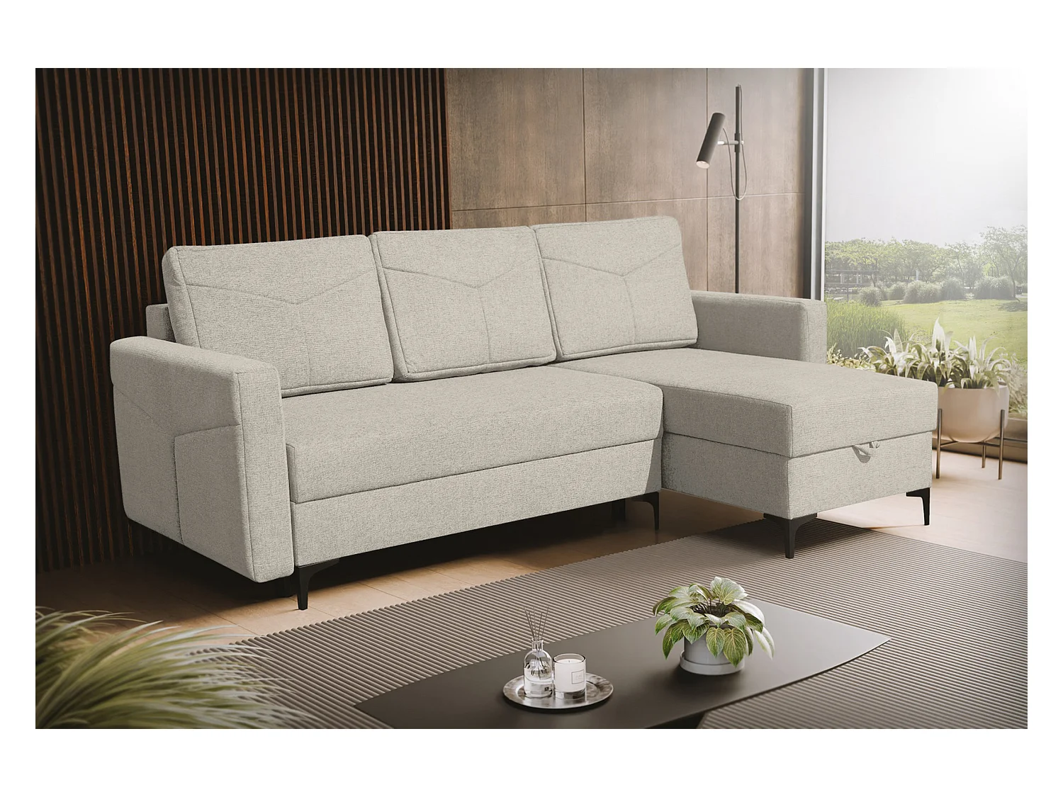 Canapé d'angle Kairo avec fonction couchage et coffre de rangement, couleur : beige, tissu velours, pouf à gauche ou à droite